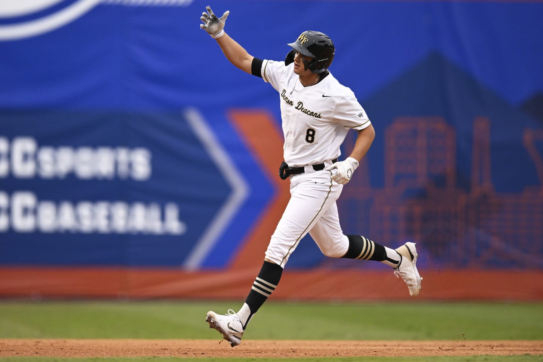 DURHAM, NORTH CAROLINA - MAY 26: Nick Kurtz #8 of the Wake Forest Demon Deacons runs the bases after hitting a home run against the Notre Dame Fighting Irish in the first inning during the ACC Baseball Championship at Durham Bulls Athletic Park on May 26, 2023 in Durham, North Carolina. (Photo by Eakin Howard/Getty Images)