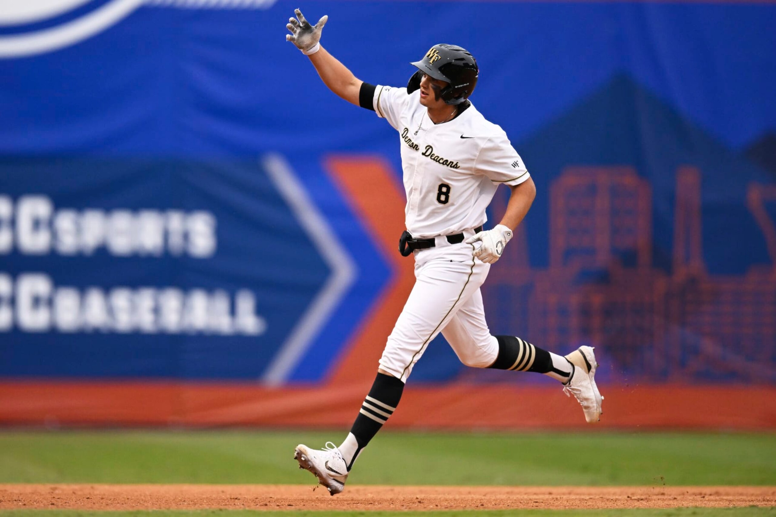 DURHAM, NORTH CAROLINA - MAY 26: Nick Kurtz #8 of the Wake Forest Demon Deacons runs the bases after hitting a home run against the Notre Dame Fighting Irish in the first inning during the ACC Baseball Championship at Durham Bulls Athletic Park on May 26, 2023 in Durham, North Carolina. (Photo by Eakin Howard/Getty Images)