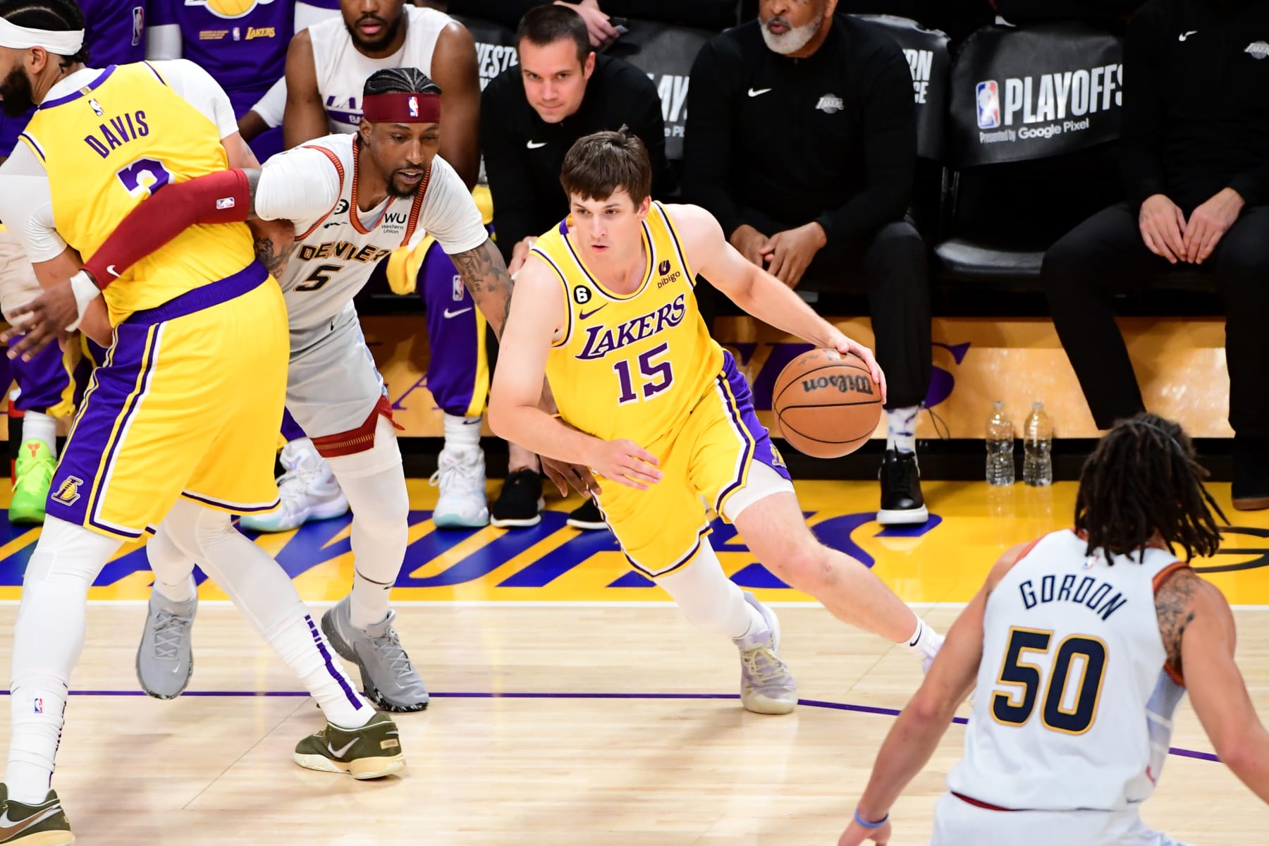 LOS ANGELES, CA - MAY 22: Austin Reaves #15 of the Los Angeles Lakers dribbles the ball during Game 4 of the 2023 NBA Playoffs Western Conference Finals on May 22, 2023 at Crypto.Com Arena in Los Angeles, California. NOTE TO USER: User expressly acknowledges and agrees that, by downloading and/or using this Photograph, user is consenting to the terms and conditions of the Getty Images License Agreement. Mandatory Copyright Notice: Copyright 2023 NBAE (Photo by Adam Pantozzi/NBAE via Getty Images)