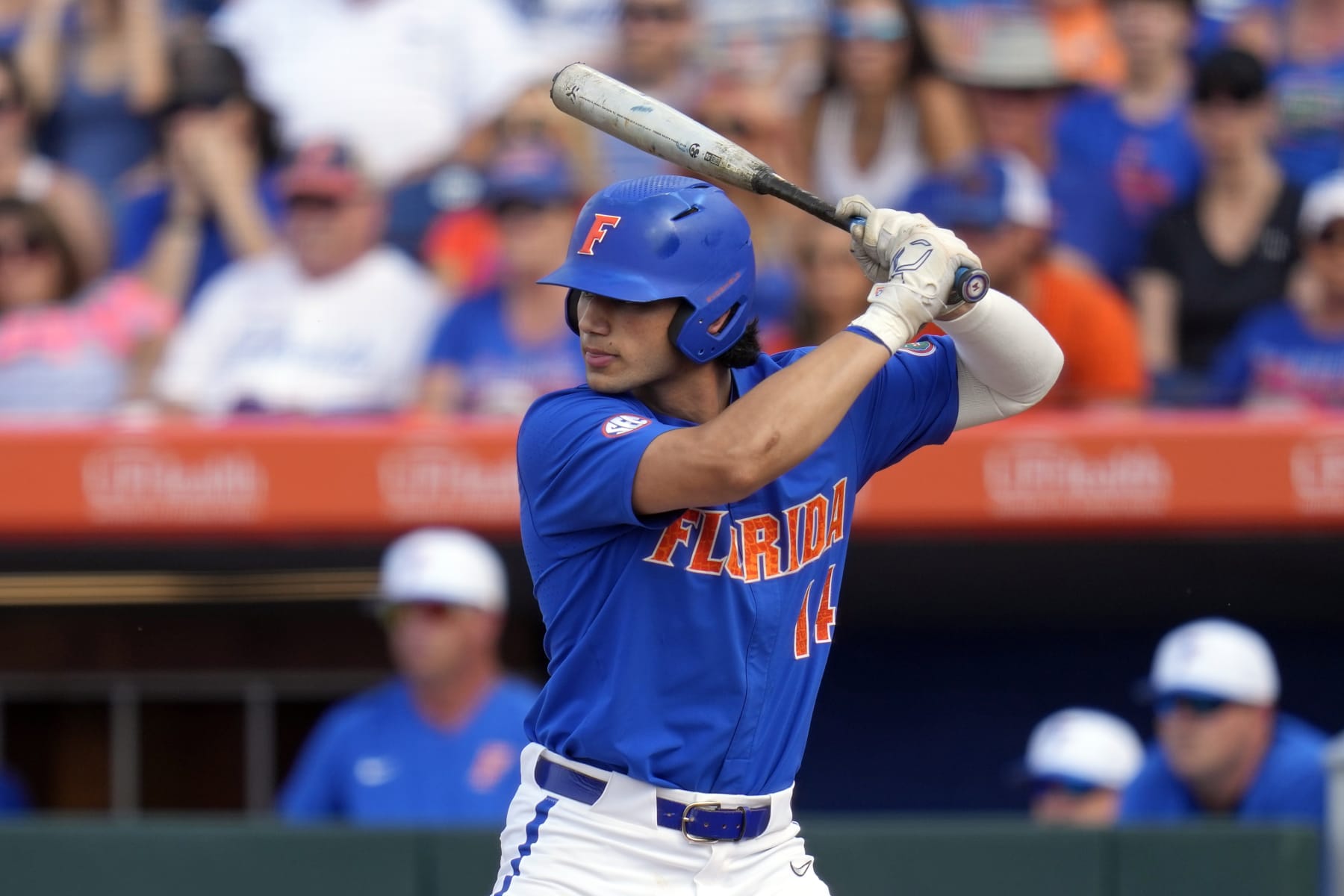 Florida's Jac Caglianone beats against South Carolina in an NCAA college baseball tournament super regional game Saturday, June 10, 2023, in Gainesville, Fla. (AP Photo/John Raoux)