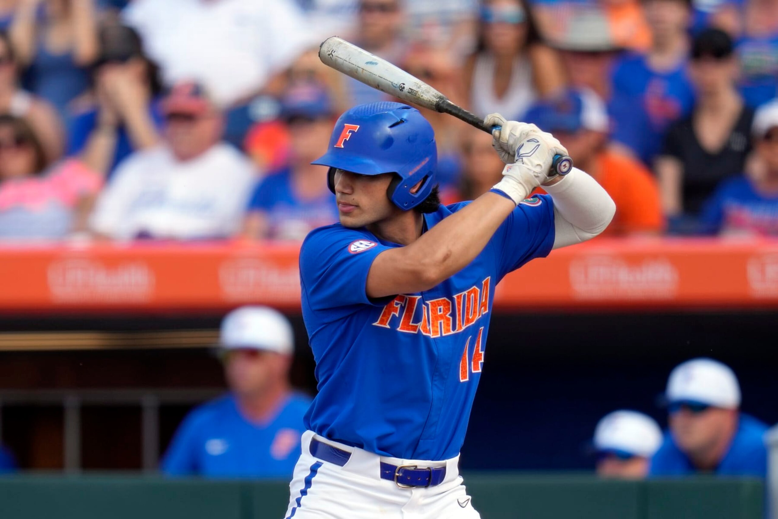 Florida's Jac Caglianone beats against South Carolina in an NCAA college baseball tournament super regional game Saturday, June 10, 2023, in Gainesville, Fla. (AP Photo/John Raoux)