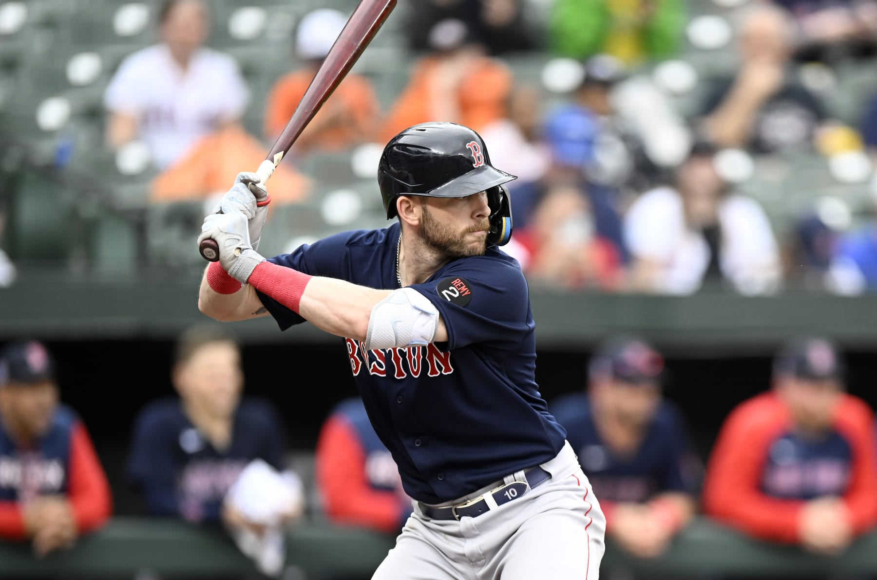 BALTIMORE, MARYLAND - SEPTEMBER 11: Trevor Story #10 of the Boston Red Sox bats against the Baltimore Orioles at Oriole Park at Camden Yards on September 11, 2022 in Baltimore, Maryland. (Photo by G Fiume/Getty Images)