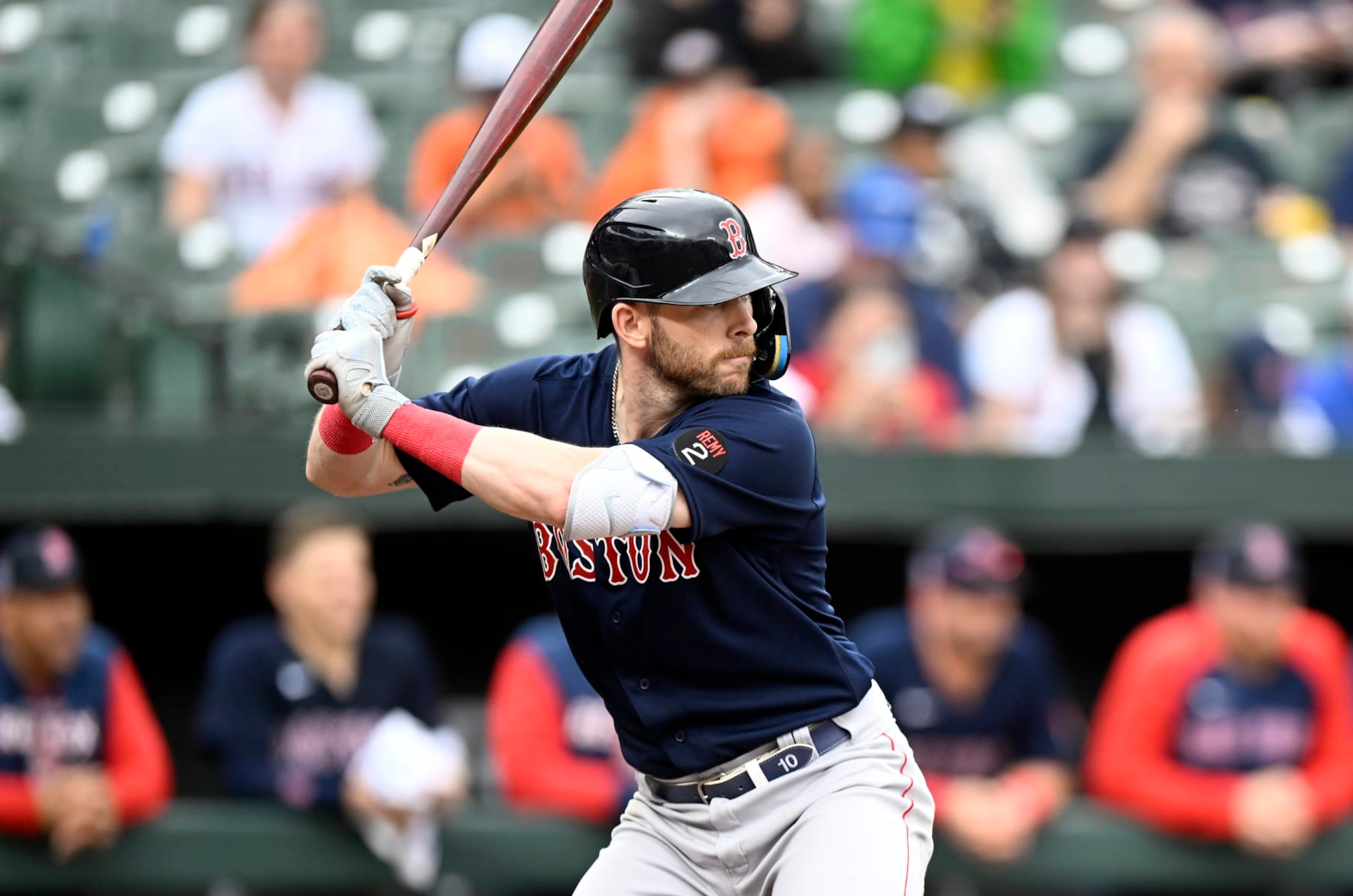 BALTIMORE, MARYLAND - SEPTEMBER 11: Trevor Story #10 of the Boston Red Sox bats against the Baltimore Orioles at Oriole Park at Camden Yards on September 11, 2022 in Baltimore, Maryland. (Photo by G Fiume/Getty Images)