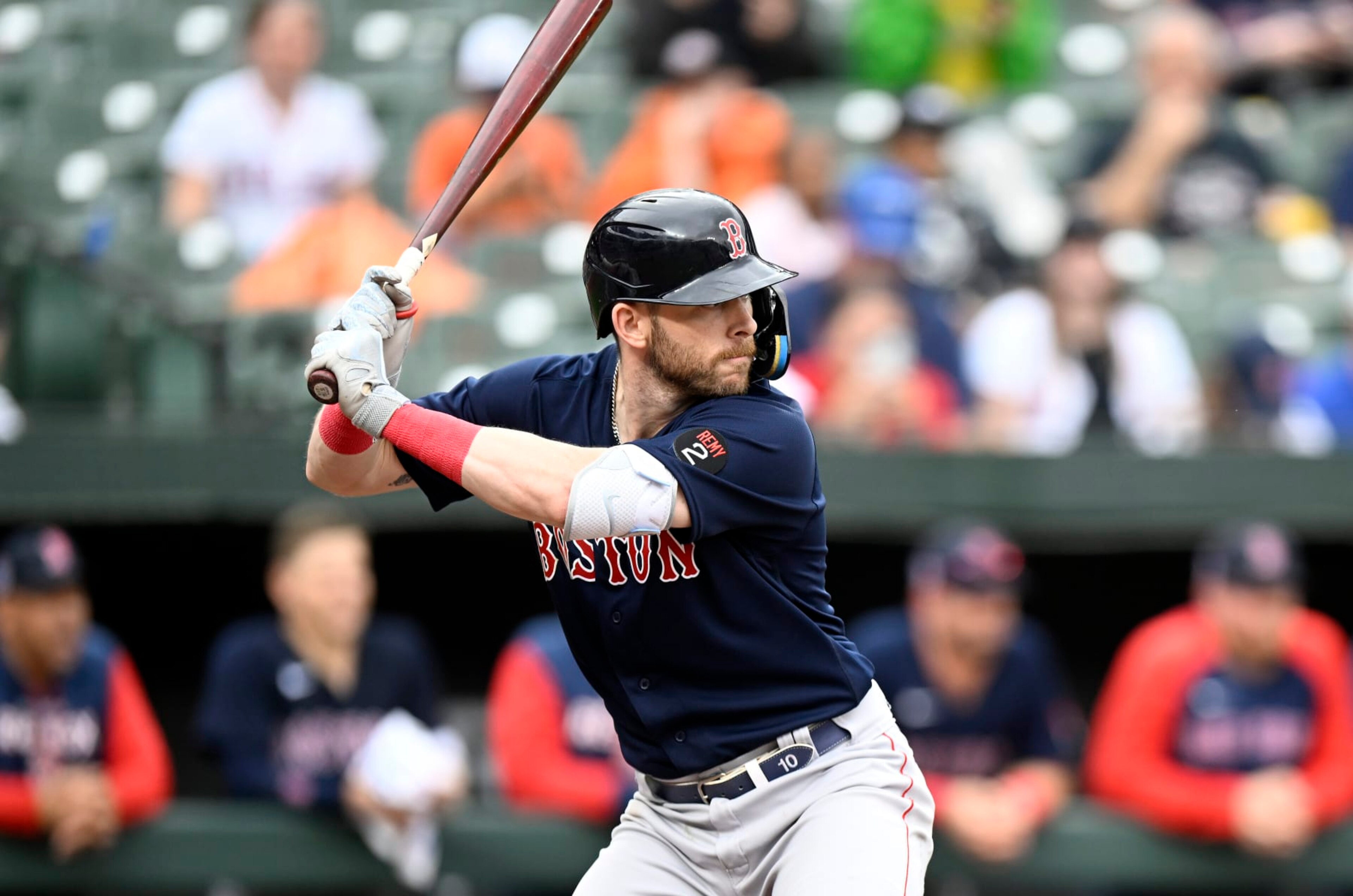 BALTIMORE, MARYLAND - SEPTEMBER 11: Trevor Story #10 of the Boston Red Sox bats against the Baltimore Orioles at Oriole Park at Camden Yards on September 11, 2022 in Baltimore, Maryland. (Photo by G Fiume/Getty Images)