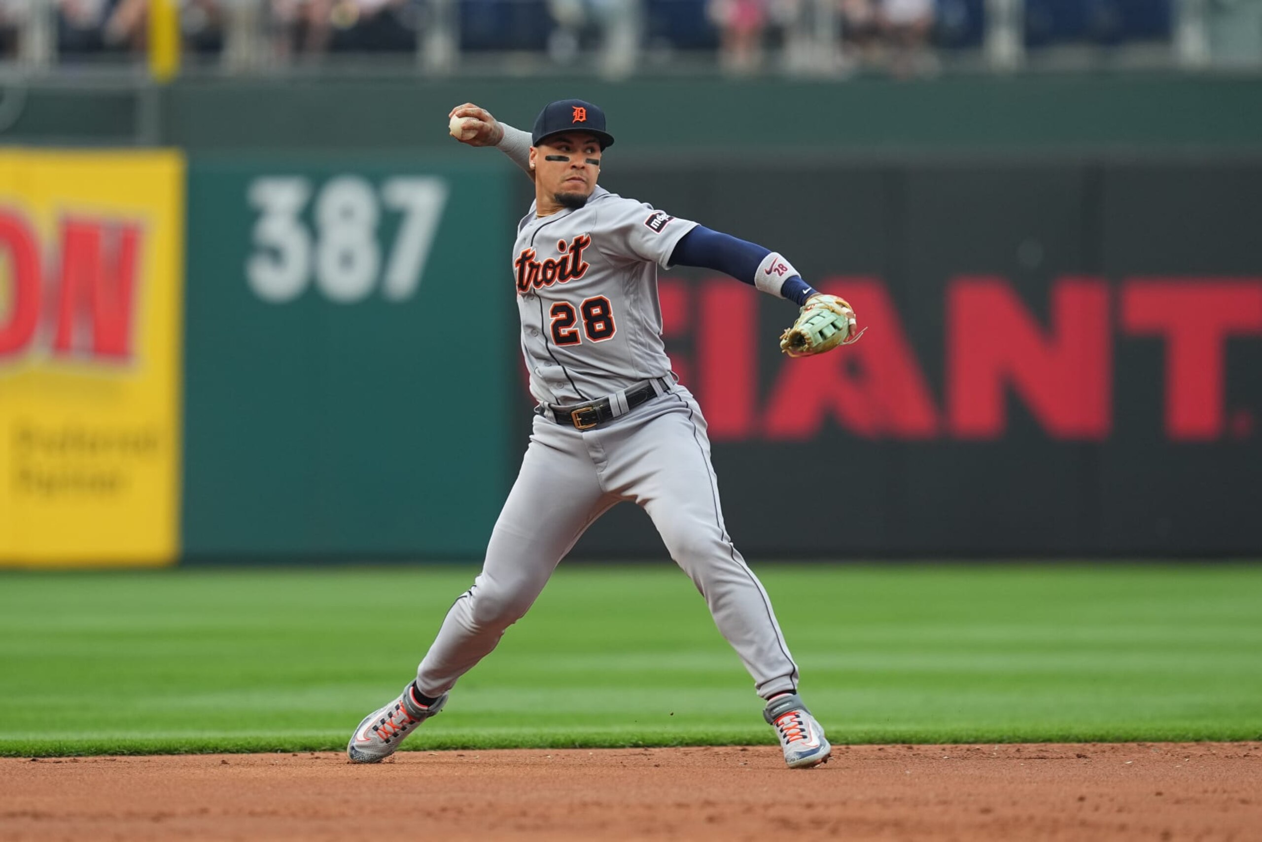 PHILADELPHIA, PENNSYLVANIA - JUNE 8: Javier Baez #28 of the Detroit Tigers throws the ball to first against the Philadelphia Phillies at Citizens Bank Park on June 8, 2023 in Philadelphia, Pennsylvania. The Phillies defeated the Tigers 3-2. (Photo by Mitchell Leff/Getty Images)