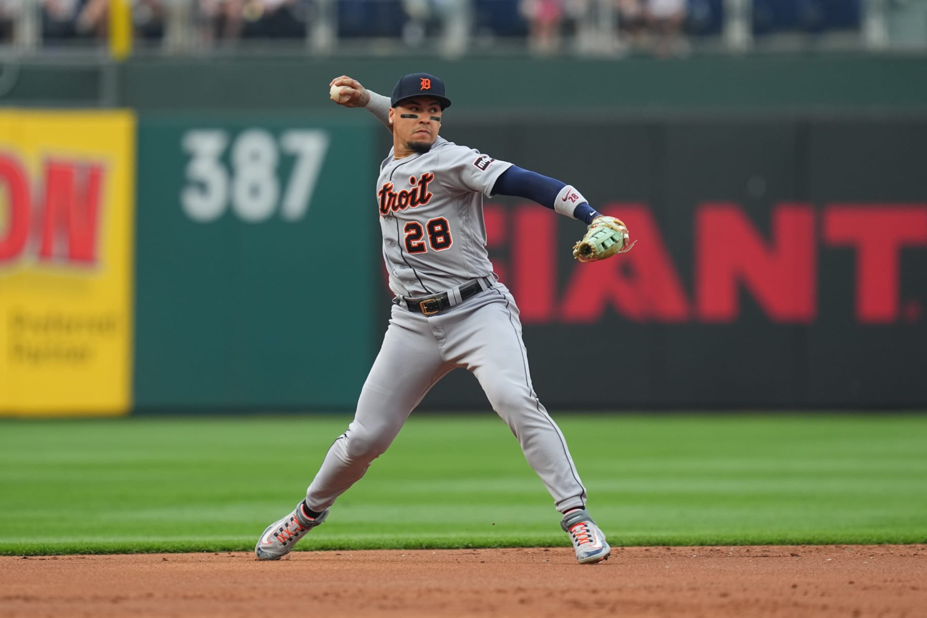 PHILADELPHIA, PENNSYLVANIA - JUNE 8: Javier Baez #28 of the Detroit Tigers throws the ball to first against the Philadelphia Phillies at Citizens Bank Park on June 8, 2023 in Philadelphia, Pennsylvania. The Phillies defeated the Tigers 3-2. (Photo by Mitchell Leff/Getty Images)