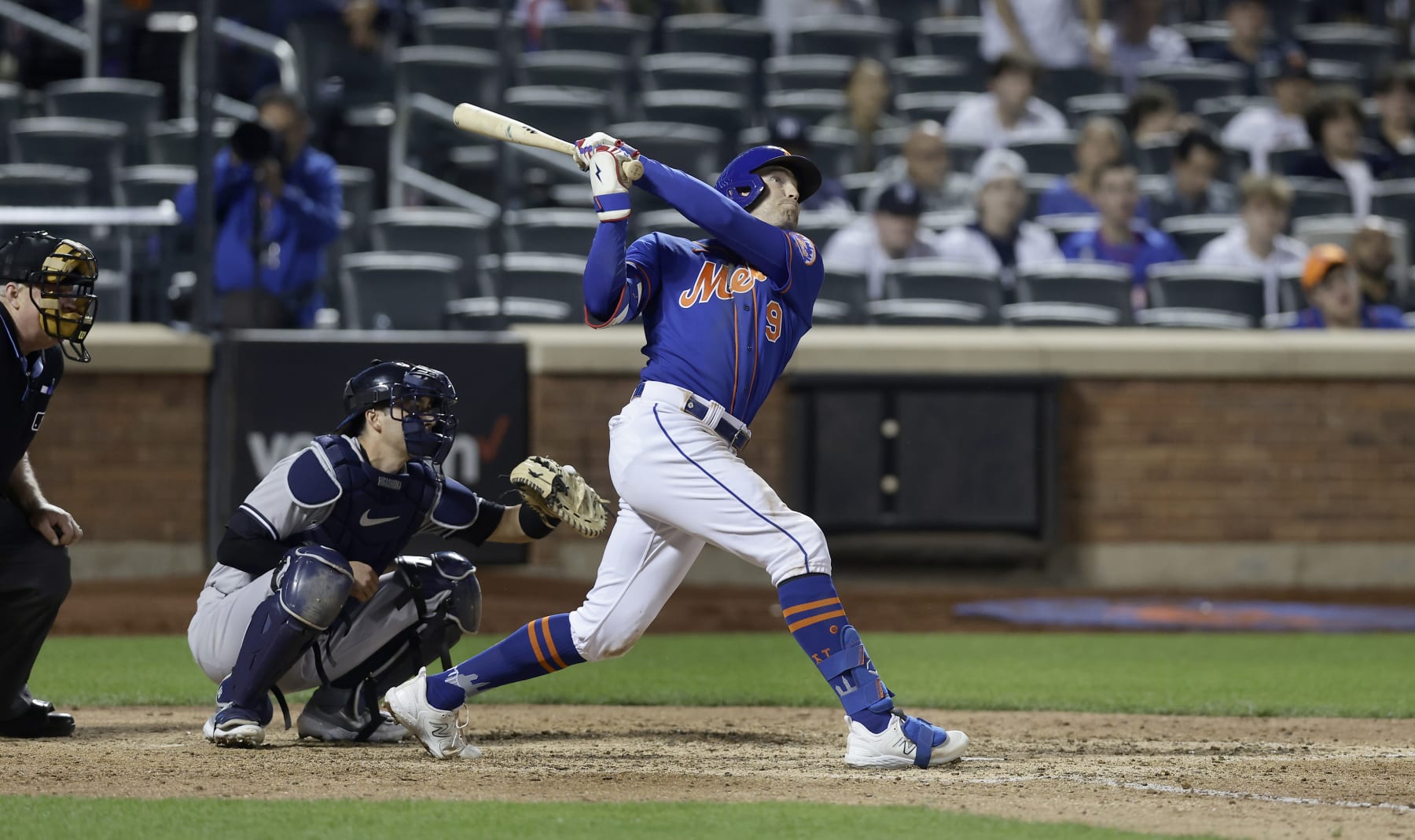 NEW YORK, NEW YORK - JUNE 14:  Brandon Nimmo #9 of the New York Mets follows through on his tenth inning game winning double against the New York Yankees at Citi Field on June 14, 2023 in New York City. (Photo by Jim McIsaac/Getty Images)