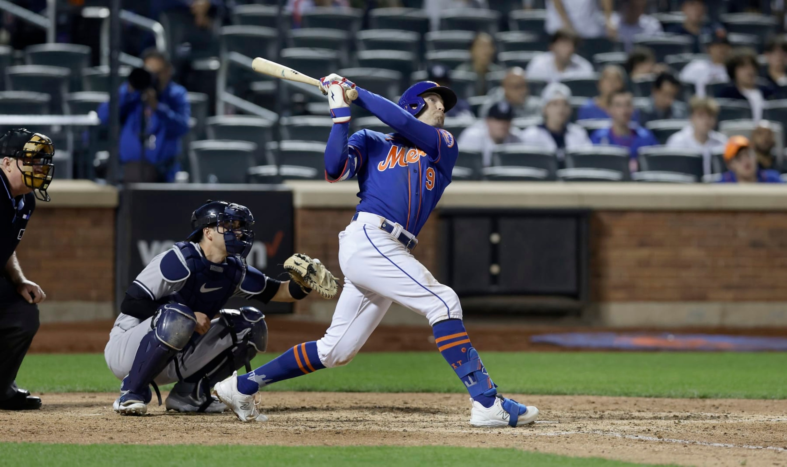 NEW YORK, NEW YORK - JUNE 14:  Brandon Nimmo #9 of the New York Mets follows through on his tenth inning game winning double against the New York Yankees at Citi Field on June 14, 2023 in New York City. (Photo by Jim McIsaac/Getty Images)