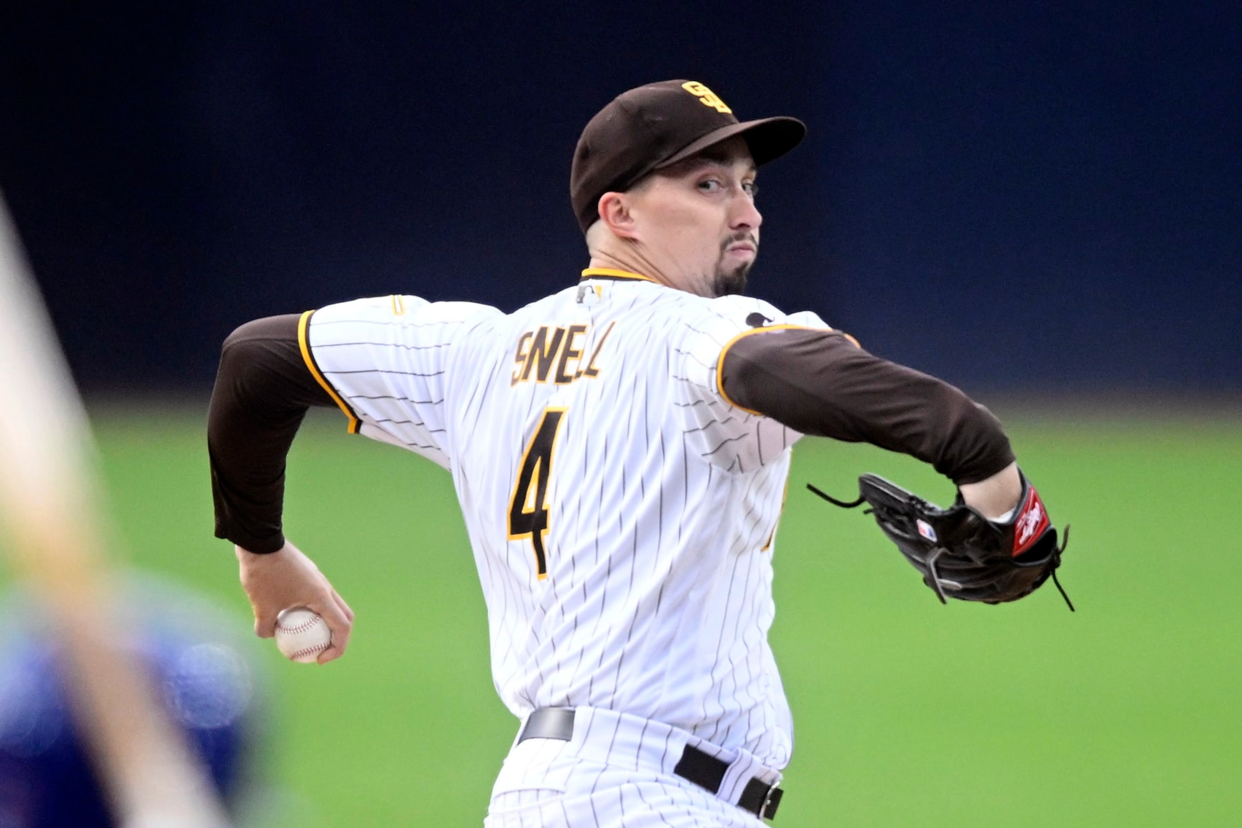 SAN DIEGO, CA - JUNE 5: Blake Snell #4 of the San Diego Padres pitches in the first inning against the Chicago Cubs June 5, 2023 at Petco Park in San Diego, California. (Photo by Denis Poroy/Getty Images)