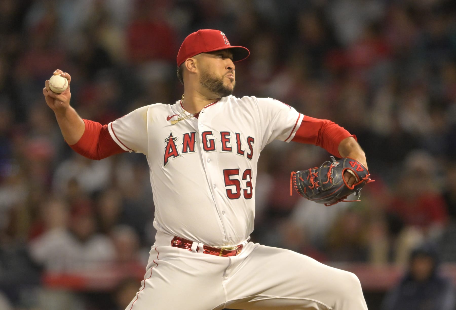 ANAHEIM, CALIFORNIA - JUNE 9: Carlos Estevez #53 of the Los Angeles Angels pitches in the game against the Seattle Mariners at Angel Stadium of Anaheim on June 9, 2023 in Anaheim, California. (Photo by Jayne Kamin-Oncea/Getty Images)