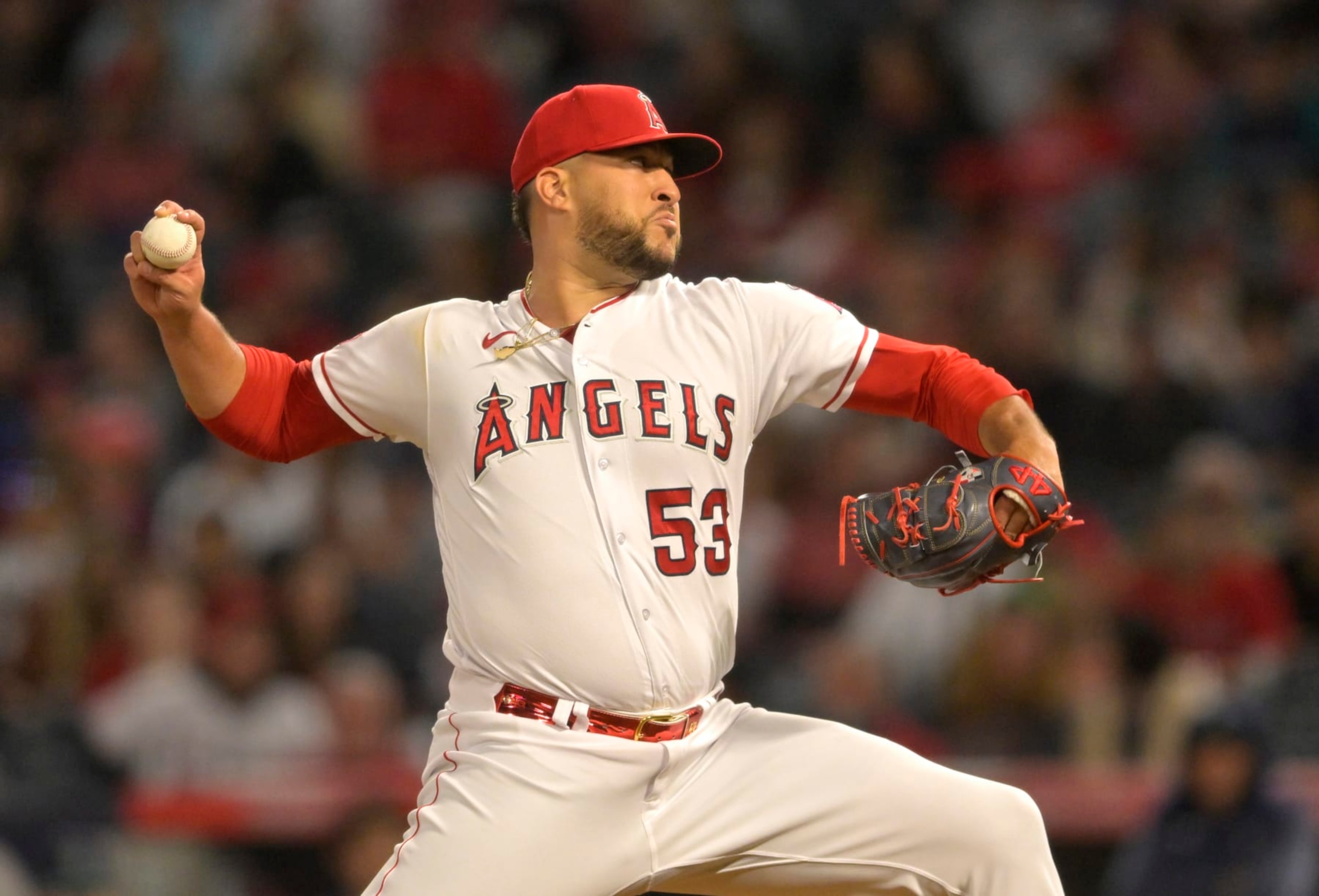 ANAHEIM, CALIFORNIA - JUNE 9: Carlos Estevez #53 of the Los Angeles Angels pitches in the game against the Seattle Mariners at Angel Stadium of Anaheim on June 9, 2023 in Anaheim, California. (Photo by Jayne Kamin-Oncea/Getty Images)