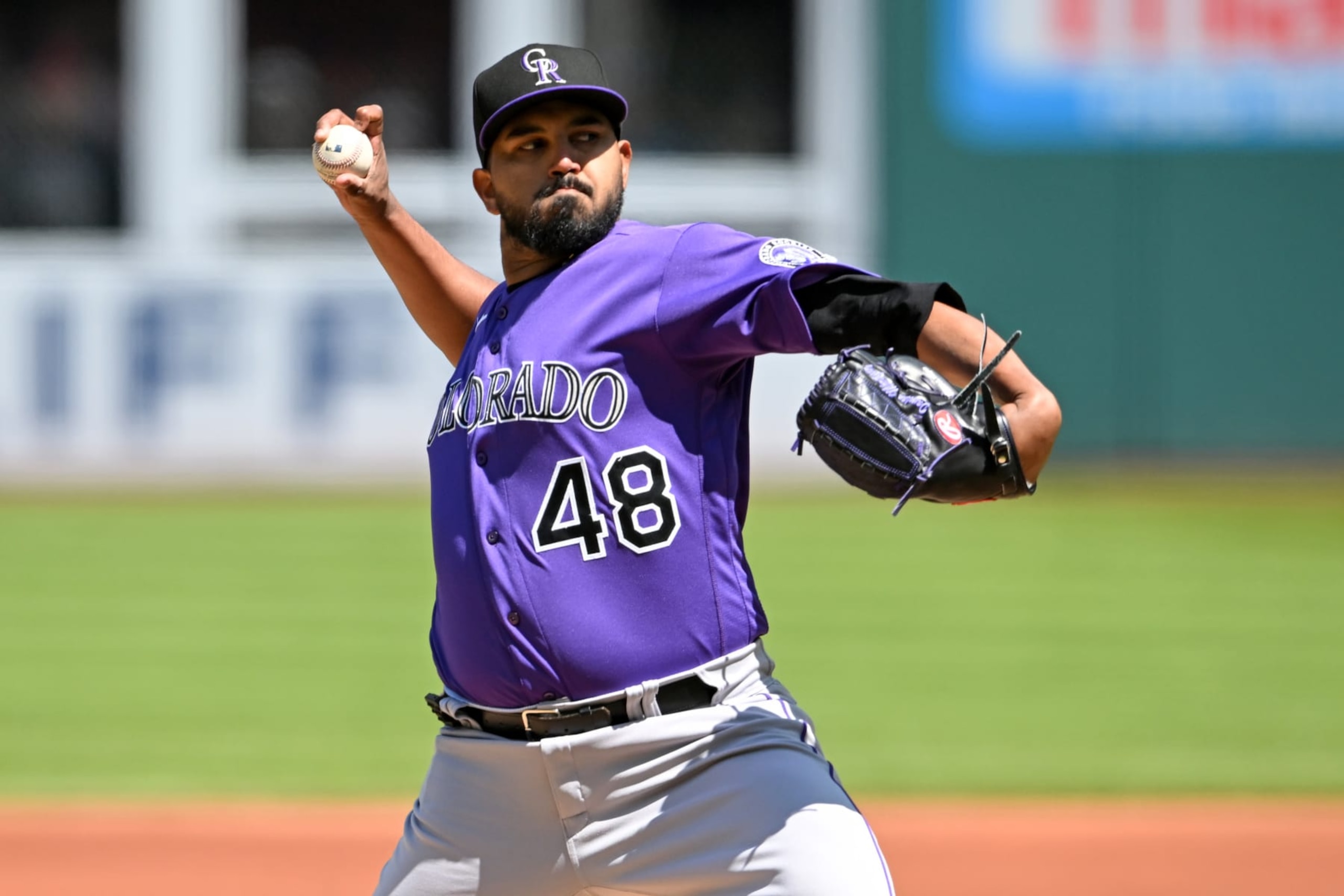 CLEVELAND, OHIO - APRIL 26: Starting pitcher German Marquez #48 of the Colorado Rockies pitches during the first inning against the Cleveland Guardians at Progressive Field on April 26, 2023 in Cleveland, Ohio. (Photo by Nick Cammett/Getty Images)