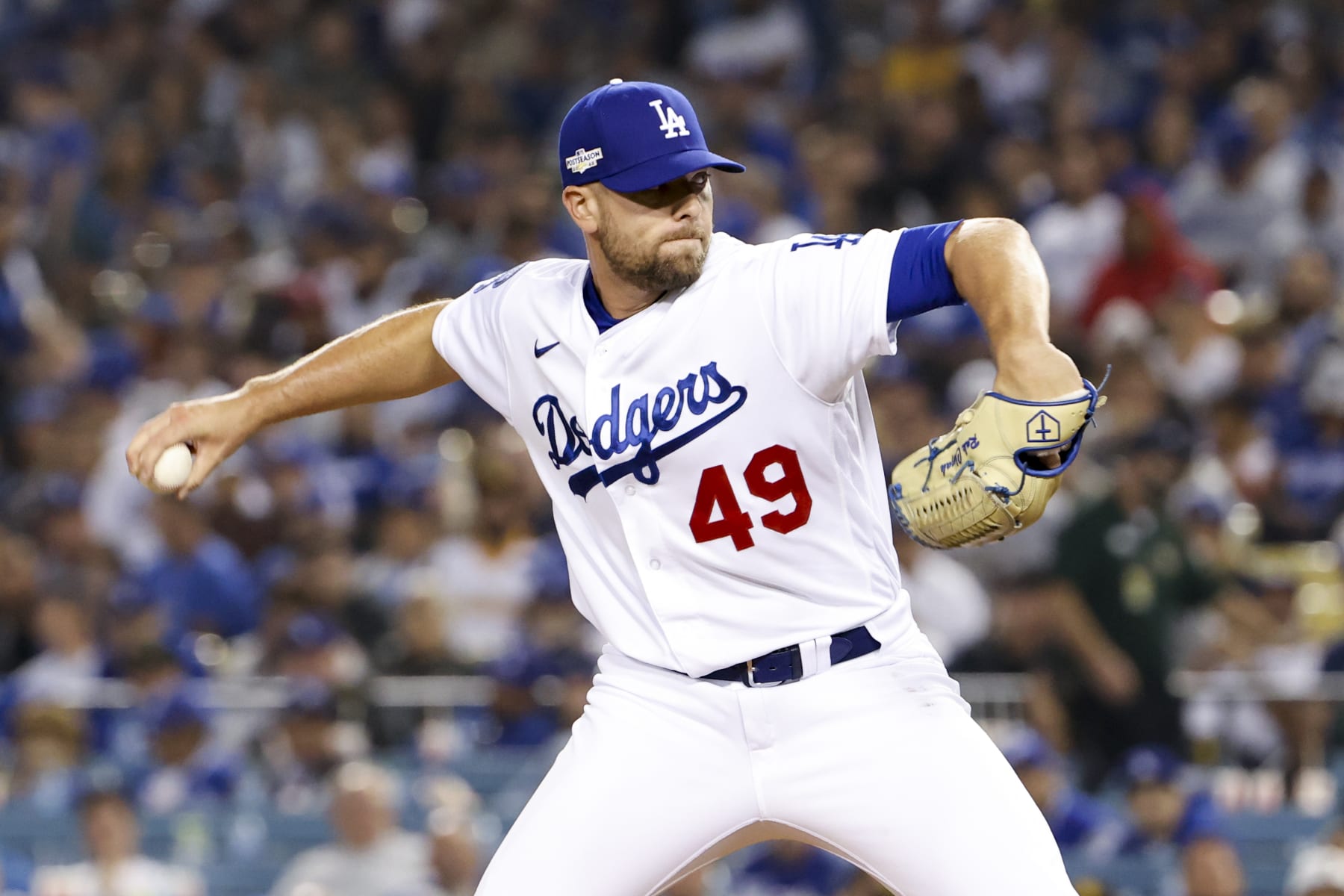 Los Angeles, CA - October 12: Los Angeles Dodgers relief pitcher Blake Treinen pitches during the eighth inning in game two of the NLDS against the San Diego Padres at Dodger Stadium on Wednesday, Oct. 12, 2022 in Los Angeles, CA.(Robert Gauthier / Los Angeles Times via Getty Images)