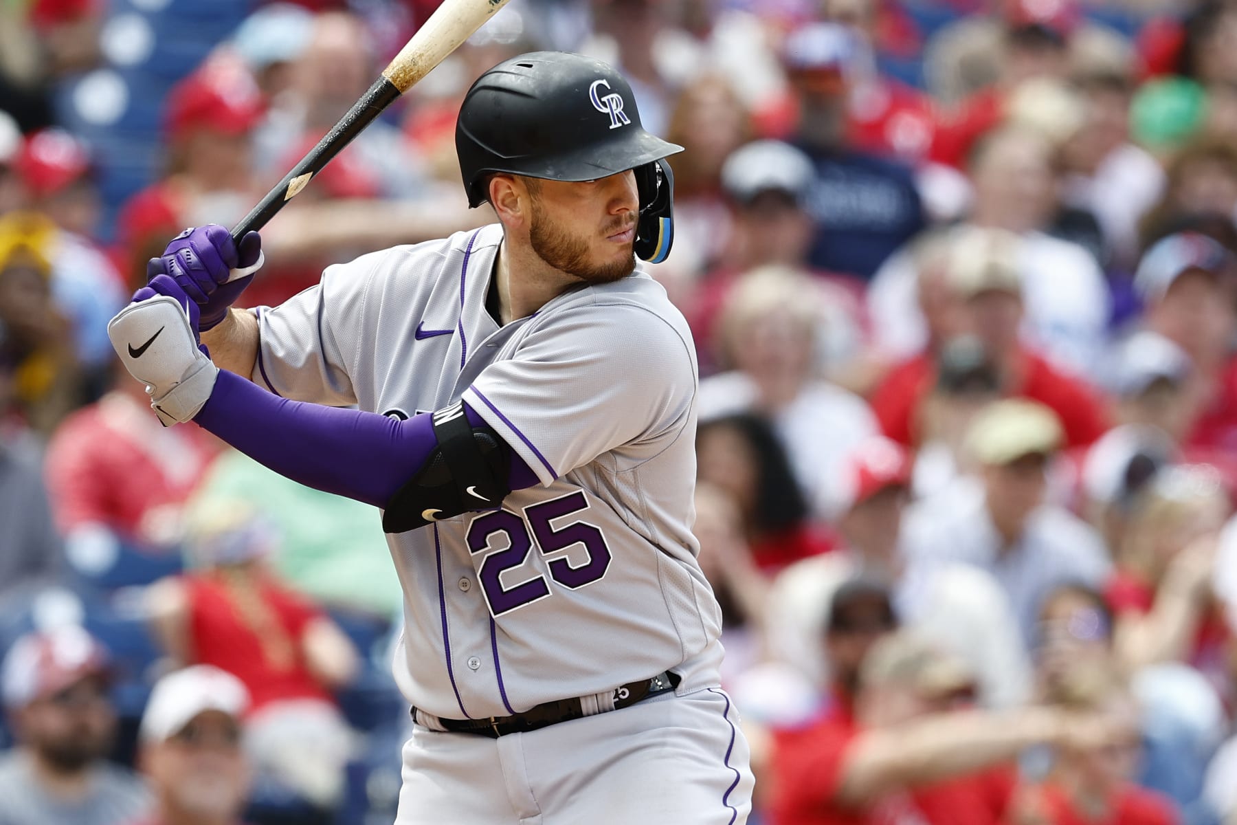 PHILADELPHIA, PA - APRIL 23: C.J. Cron #25 of the Colorado Rockies in action against the Philadelphia Phillies during a game at Citizens Bank Park on April 23, 2023 in Philadelphia, Pennsylvania. The Phillies defeated the Rockies 9-3. (Photo by Rich Schultz/Getty Images)