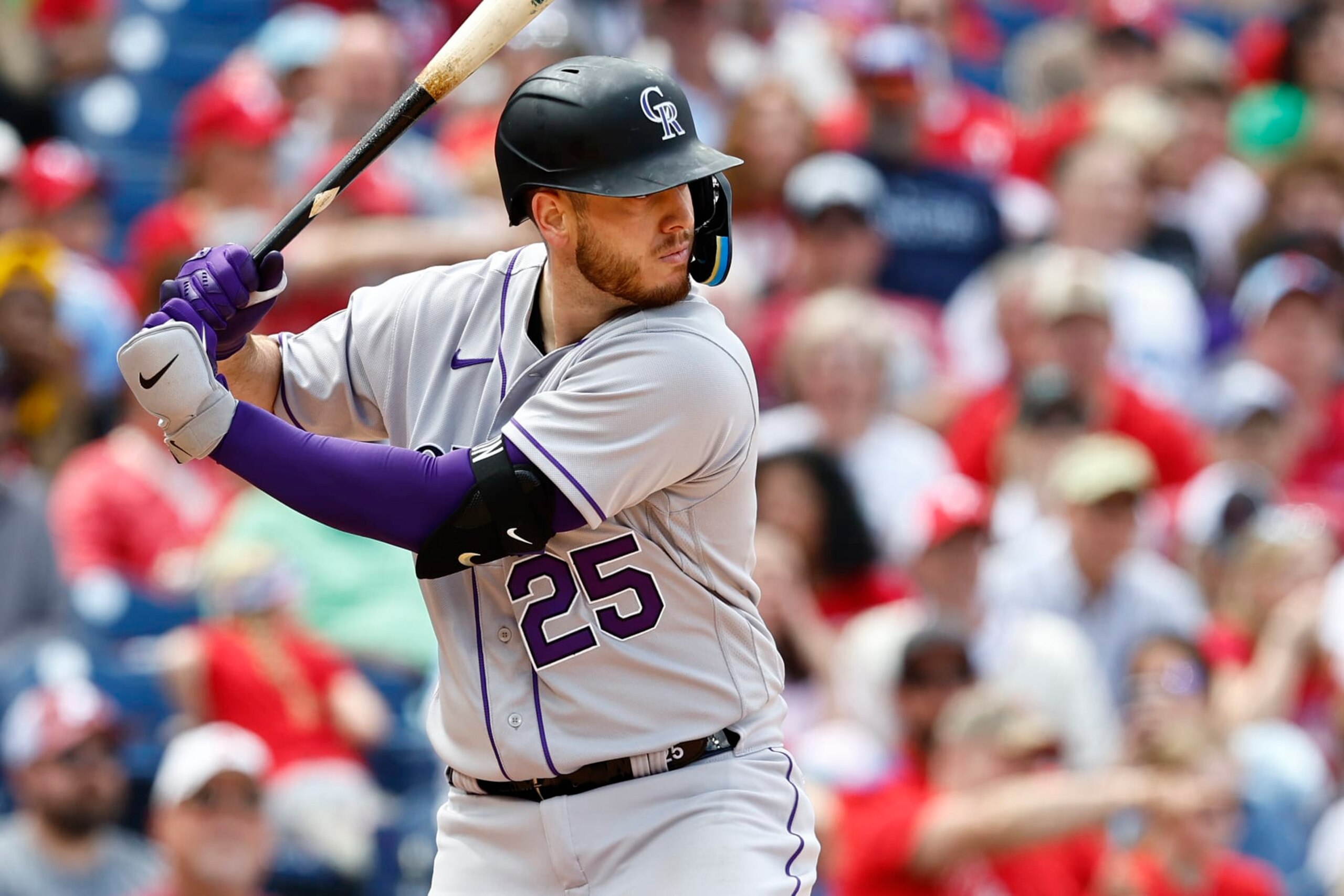 PHILADELPHIA, PA - APRIL 23: C.J. Cron #25 of the Colorado Rockies in action against the Philadelphia Phillies during a game at Citizens Bank Park on April 23, 2023 in Philadelphia, Pennsylvania. The Phillies defeated the Rockies 9-3. (Photo by Rich Schultz/Getty Images)