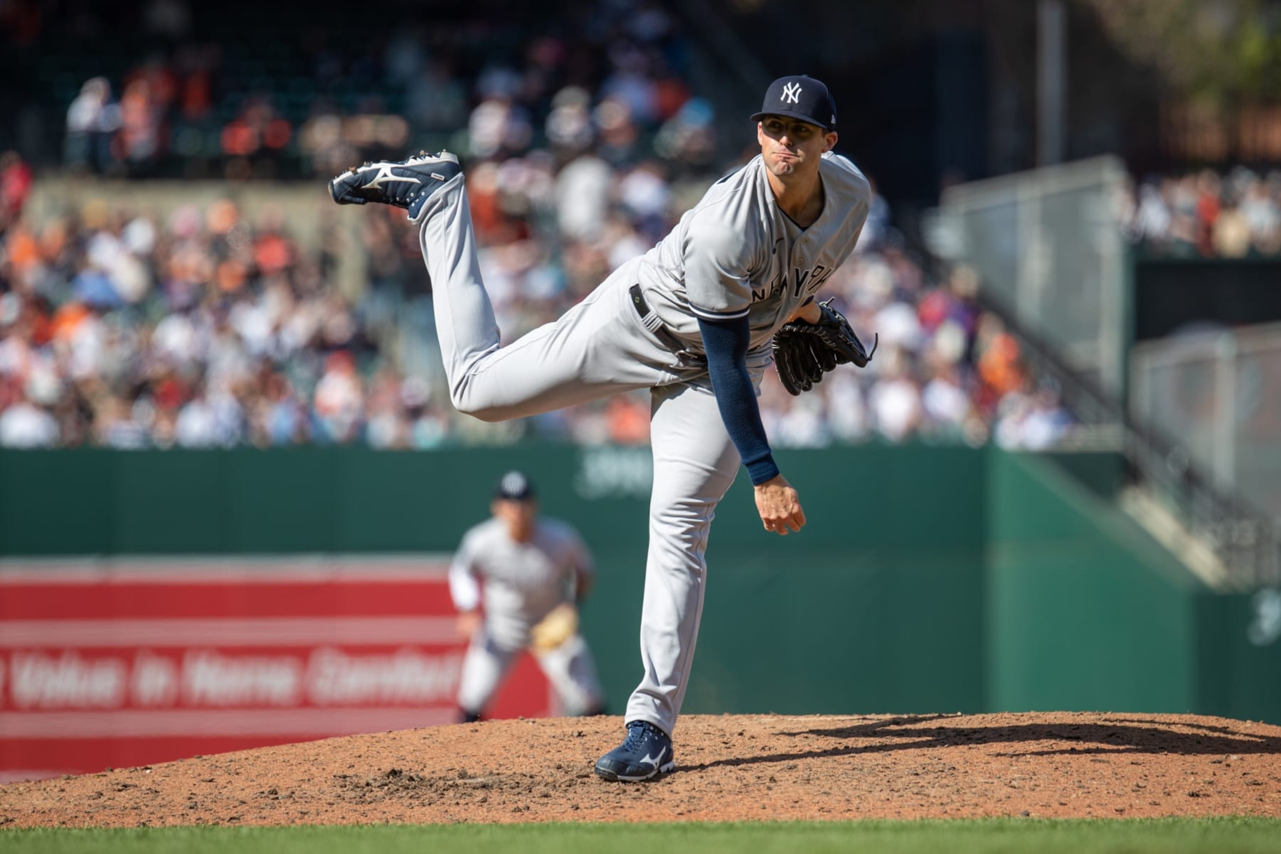 BALTIMORE, MD - APRIL 09: New York Yankees relief pitcher Clay Holmes (35) follows through his pitching motion during the New York Yankees versus Baltimore Orioles MLB game at Oriole Park at Camden Yards on April 9, 2023, in Baltimore, MD. (Photo by Charles Brock/Icon Sportswire via Getty Images)