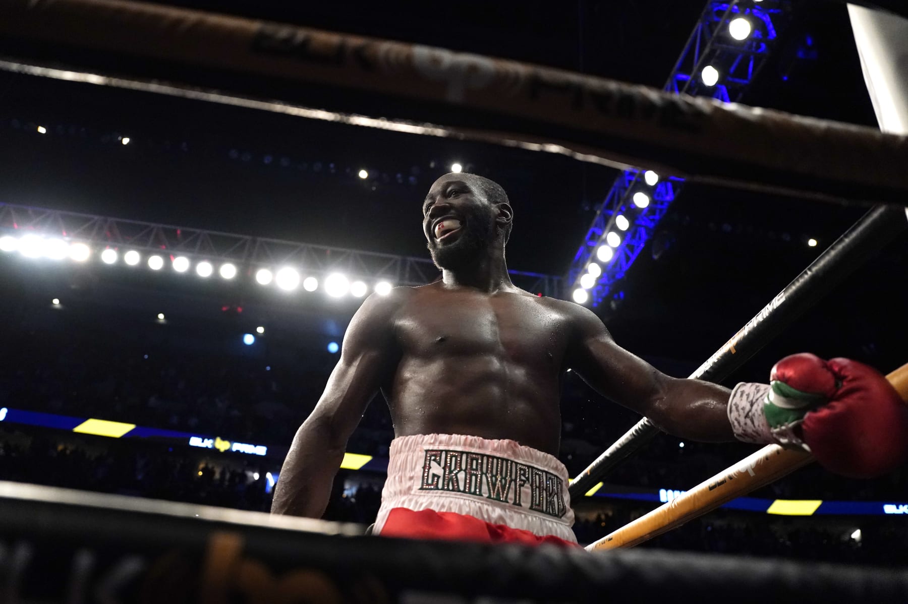 OMAHA, NEBRASKA - DECEMBER 10:  WBO champion Terence Crawford celebrates after knocking out David Avanesyan in the sixth round during their welterweight title fight at CHI Health Center on December 10, 2022 in Omaha, Nebraska. (Photo by Ed Zurga/Getty Images)
