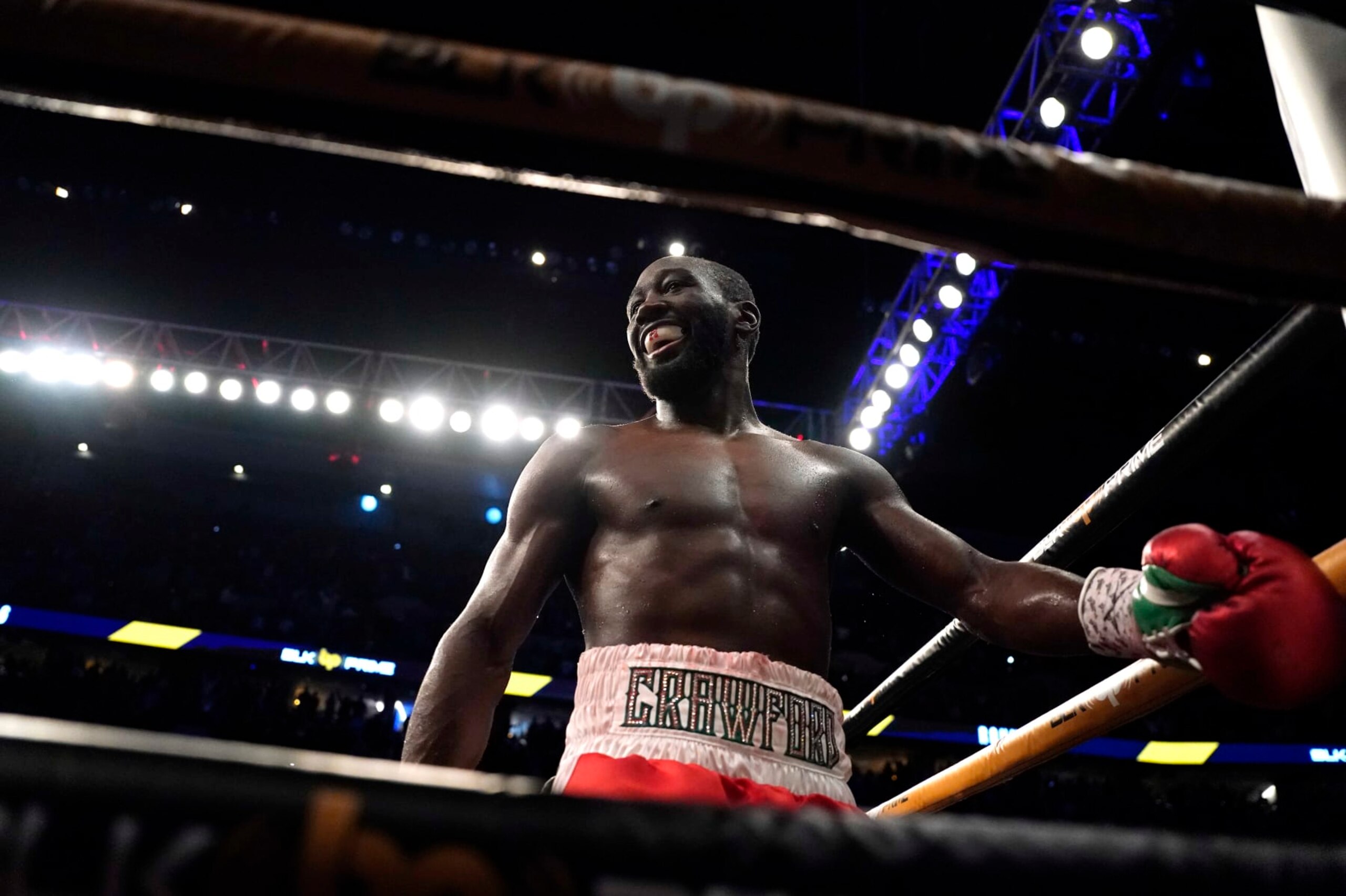 OMAHA, NEBRASKA - DECEMBER 10:  WBO champion Terence Crawford celebrates after knocking out David Avanesyan in the sixth round during their welterweight title fight at CHI Health Center on December 10, 2022 in Omaha, Nebraska. (Photo by Ed Zurga/Getty Images)