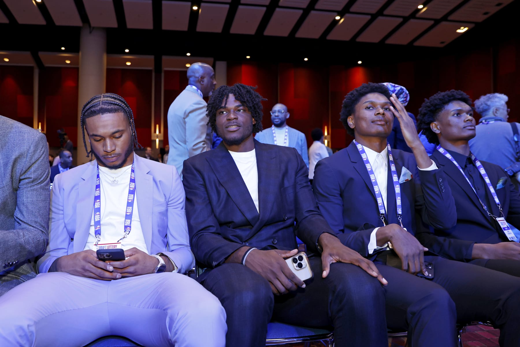 CHICAGO,IL - MAY 16: Cam Whitmore, Jarace Walker, Ausar Thompson and Amen Thompson attend the 2023 NBA Draft Lottery at McCormick Place on May 16, 2023 in Chicago, Illinois. NOTE TO USER: User expressly acknowledges and agrees that, by downloading and or using this photograph, user is consenting to the terms and conditions of the Getty Images License Agreement. Mandatory Copyright Notice: Copyright 2023 NBAE (Photo by Kamil Krzaczynski/NBAE via Getty Images)