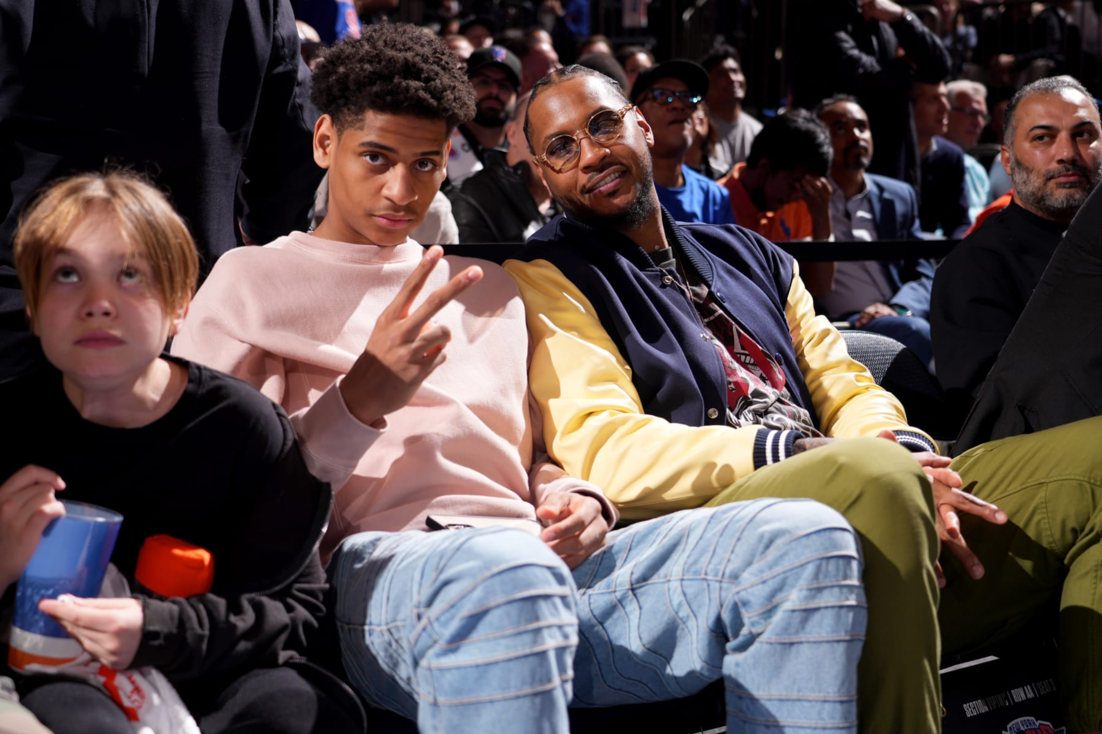 NEW YORK, NY - MAY 2: Kiyan Anthony and Carmelo Anthony attend the game between the Miami Heat  and New York Knicks during Game Two of the Eastern Conference Semi-Finals of the 2023 NBA Playoffs on May 2, 2023 at Madison Square Garden in New York City, New York.  NOTE TO USER: User expressly acknowledges and agrees that, by downloading and or using this photograph, User is consenting to the terms and conditions of the Getty Images License Agreement. Mandatory Copyright Notice: Copyright 2023 NBAE  (Photo by Jesse D. Garrabrant/NBAE via Getty Images)