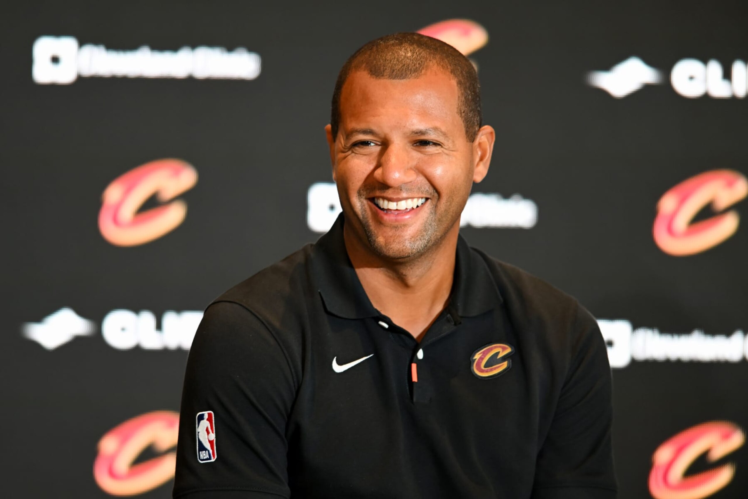 CLEVELAND, OHIO - SEPTEMBER 14: President of basketball operations Koby Altman of the Cleveland Cavaliers laughs during a press conference introducing Donovan Mitchell at Rocket Mortgage Fieldhouse on September 14, 2022 in Cleveland, Ohio. NOTE TO USER: User expressly acknowledges and agrees that, by downloading and or using this Photograph, User is consenting to the terms and conditions of the Getty Images License Agreement. (Photo by Nick Cammett/Getty Images) CLEVELAND, OHIO - SEPTEMBER 14: President of basketball operations Koby Altman of the Cleveland Cavaliers laughs during a press conference introducing Donovan Mitchell at Rocket Mortgage Fieldhouse on September 14, 2022 in Cleveland, Ohio. NOTE TO USER: User expressly acknowledges and agrees that, by downloading and or using this Photograph, User is consenting to the terms and conditions of the Getty Images License Agreement. (Photo by Nick Cammett/Getty Images)