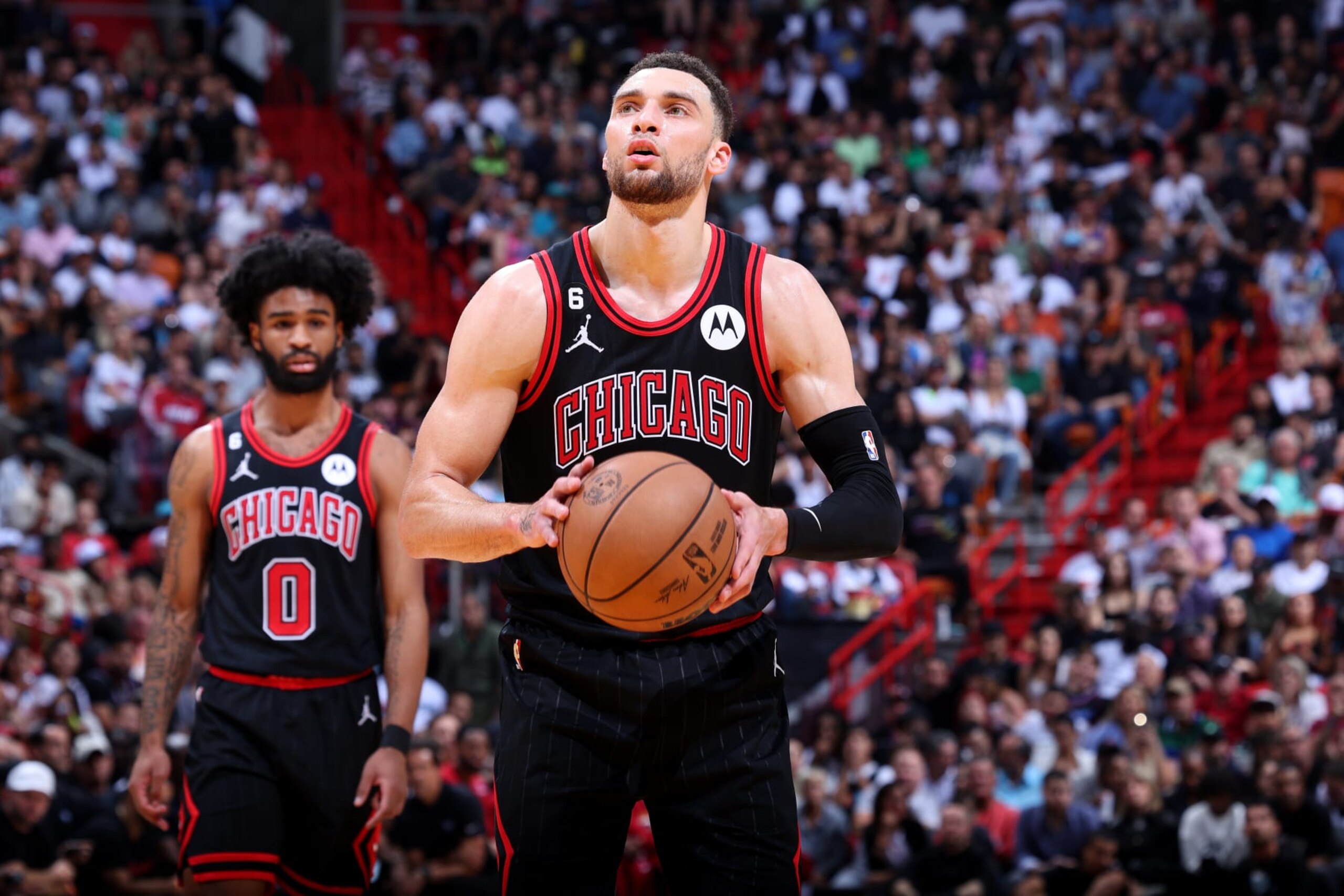 MIAMI, FL - APRIL 14: Zach LaVine #8 of the Chicago Bulls shoots a free throw during the game against the Miami Heat During the 2023 Play-in Tournament on April 14, 2023 at Kaseya Center in Miami, Florida. NOTE TO USER: User expressly acknowledges and agrees that, by downloading and or using this photograph, User is consenting to the terms and conditions of the Getty Images License Agreement. Mandatory Copyright Notice: Copyright 2023 NBAE (Photo by Jeff Haynes/NBAE via Getty Images)