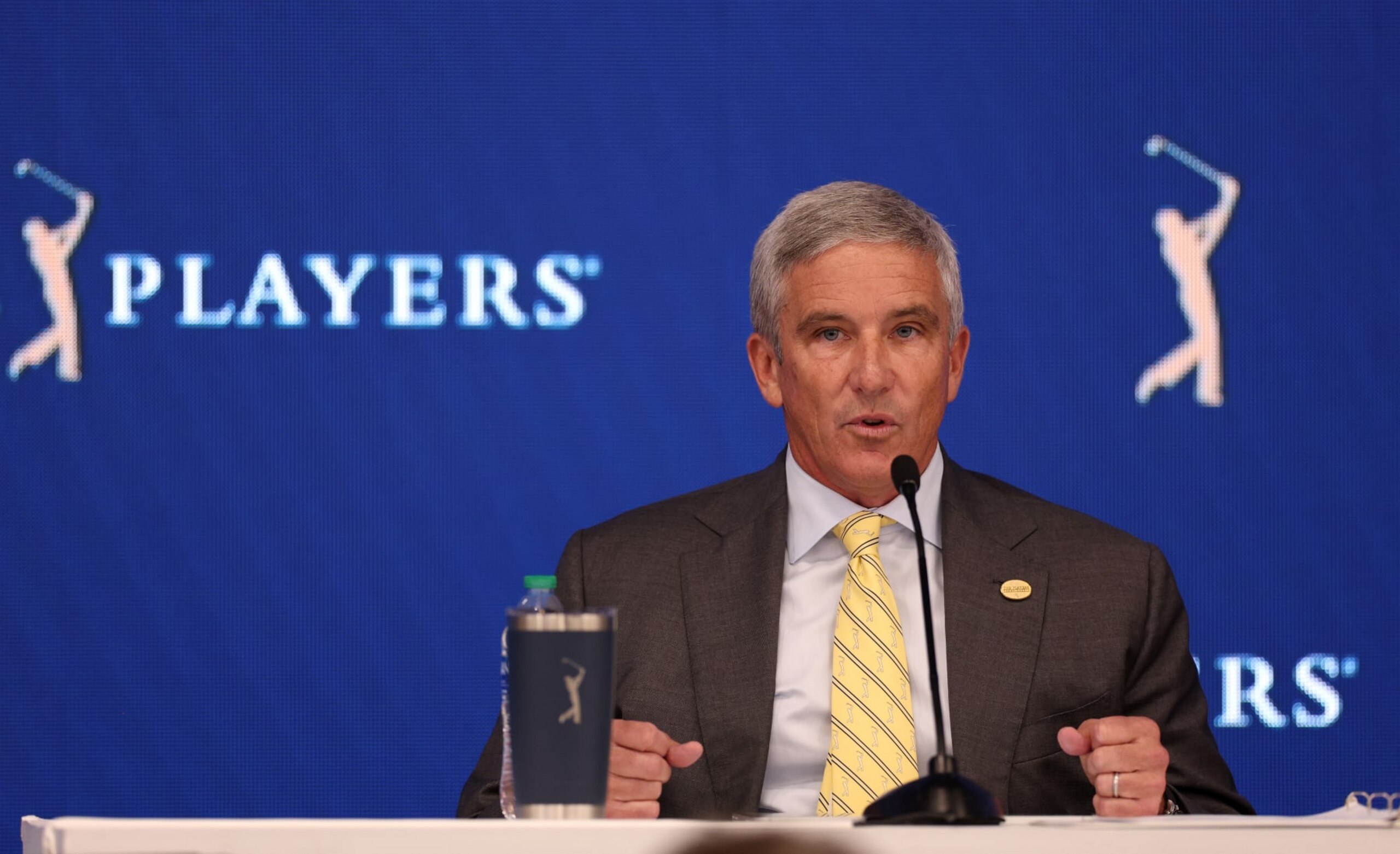 PONTE VEDRA BEACH, FLORIDA - MARCH 07: Jay Monahan, 
Commissioner of the PGA Tour speaks to the media in a press conference prior to THE PLAYERS Championship on THE PLAYERS Stadium Course at TPC Sawgrass on March 07, 2023 in Ponte Vedra Beach, Florida. (Photo by Richard Heathcote/Getty Images)