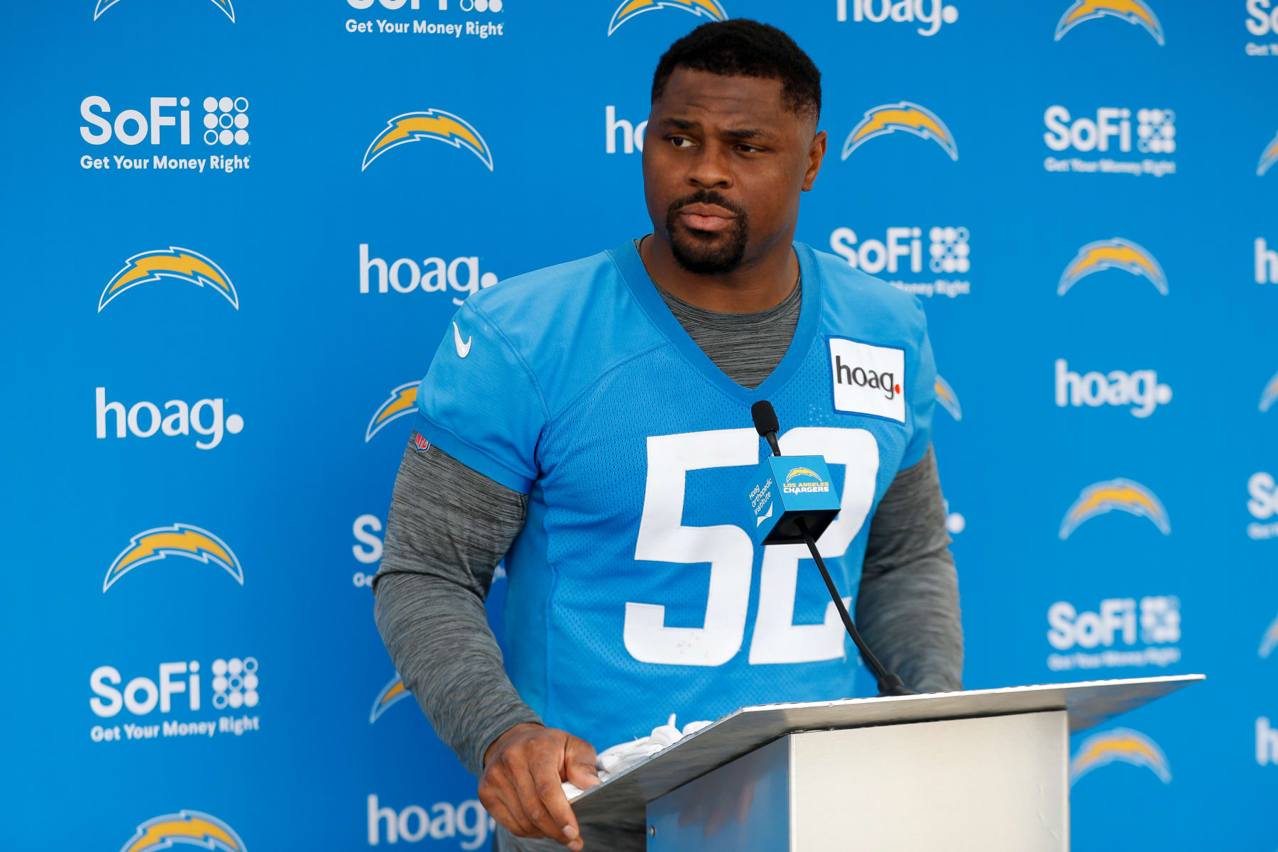 COSTA MESA, CA - MAY 22: Los Angeles Chargers linebacker Khalil Mack (52) talks to the media following the team's OTA practice on May 22, 2023, at the Hoag Performance Center in Costa Mesa, CA. (Photo by Brandon Sloter/Icon Sportswire via Getty Images)