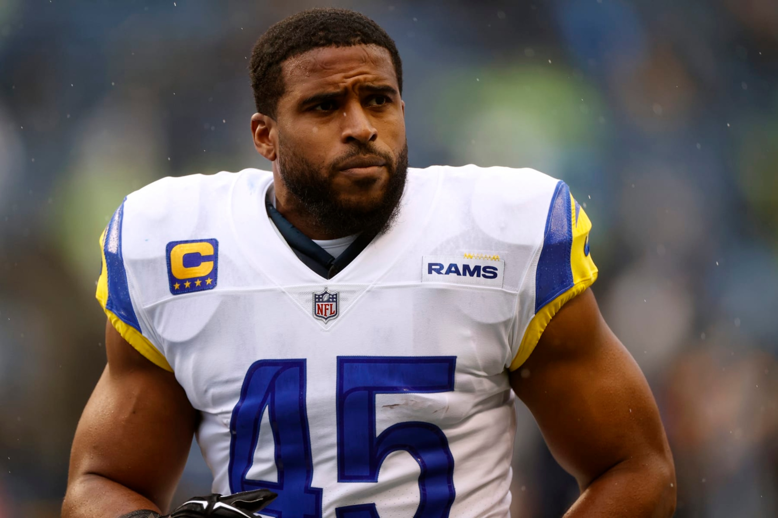 SEATTLE, WASHINGTON - JANUARY 08: Bobby Wagner #45 of the Los Angeles Rams looks on prior to the game against the Seattle Seahawks at Lumen Field on January 08, 2023 in Seattle, Washington. (Photo by Steph Chambers/Getty Images)