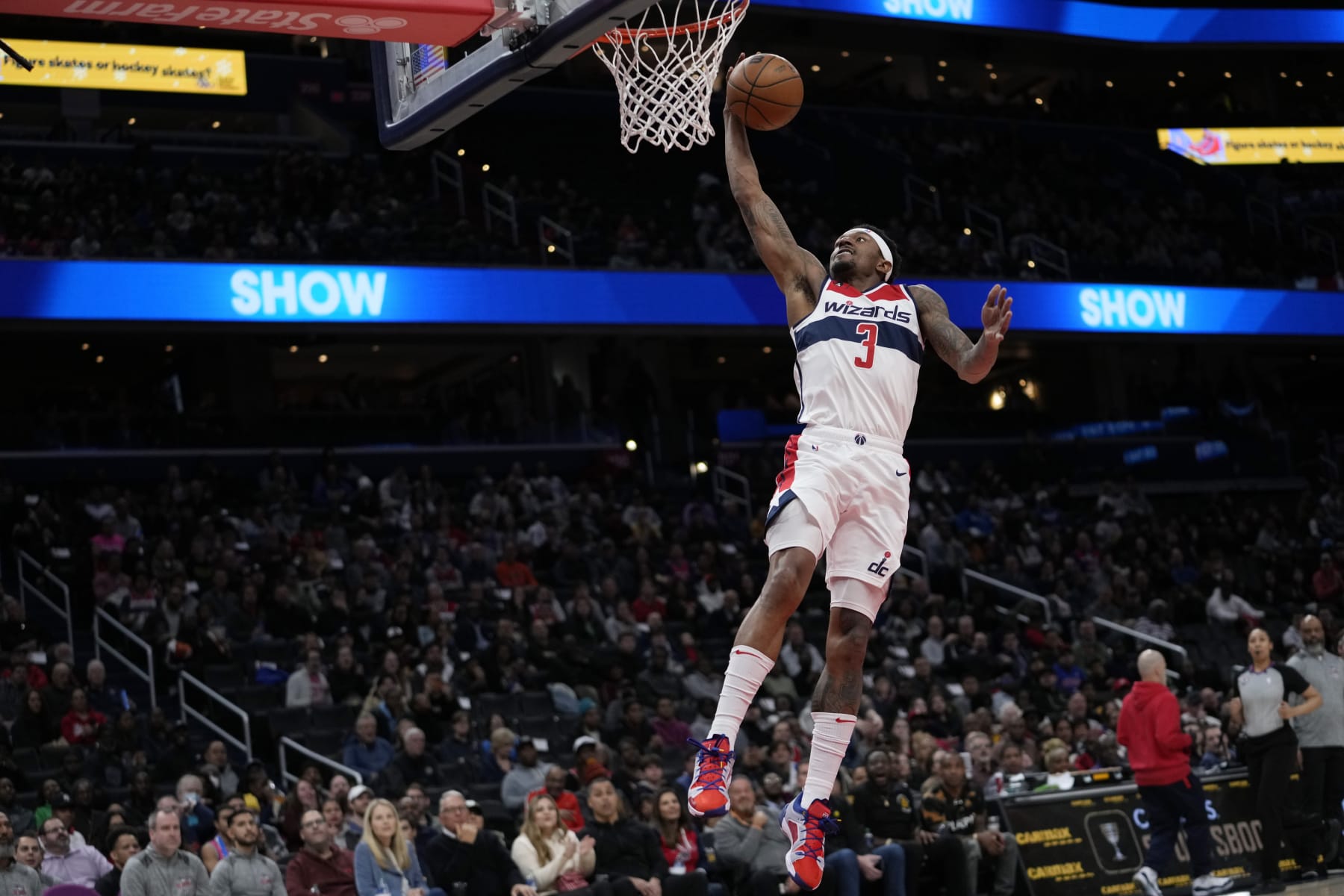 Washington Wizards guard Bradley Beal (3) shot the ball during the first half of an NBA basketball game against the Detroit Pistons Tuesday, March 14, 2023, in Washington. (AP Photo/Carolyn Kaster)