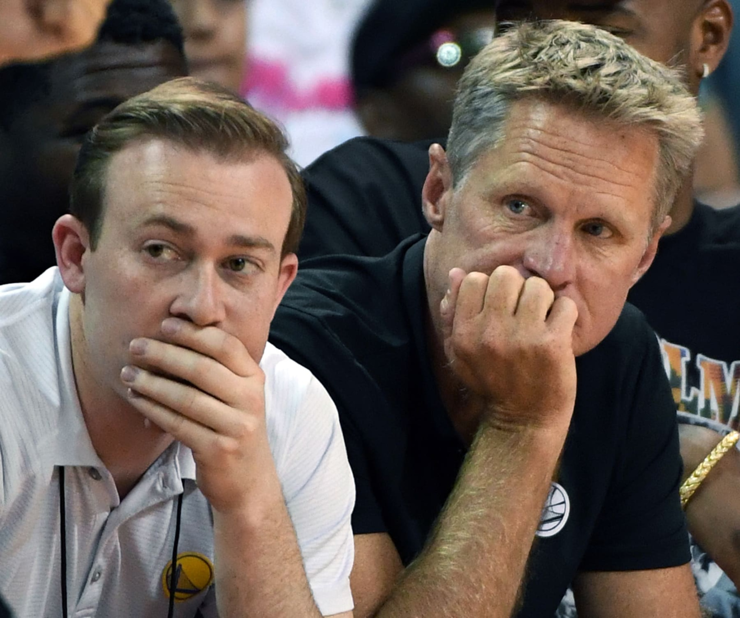 LAS VEGAS, NV - JULY 06:  Assistant general manager Kirk Lacob (L) and head coach Steve Kerr of the Golden State Warriors attend a 2018 NBA Summer League game between the Warriors and the Los Angeles Clippers at the Thomas & Mack Center on July 6, 2018 in Las Vegas, Nevada. The Warriors defeated the Clippers 77-71. NOTE TO USER: User expressly acknowledges and agrees that, by downloading and or using this photograph, User is consenting to the terms and conditions of the Getty Images License Agreement.  (Photo by Ethan Miller/Getty Images)