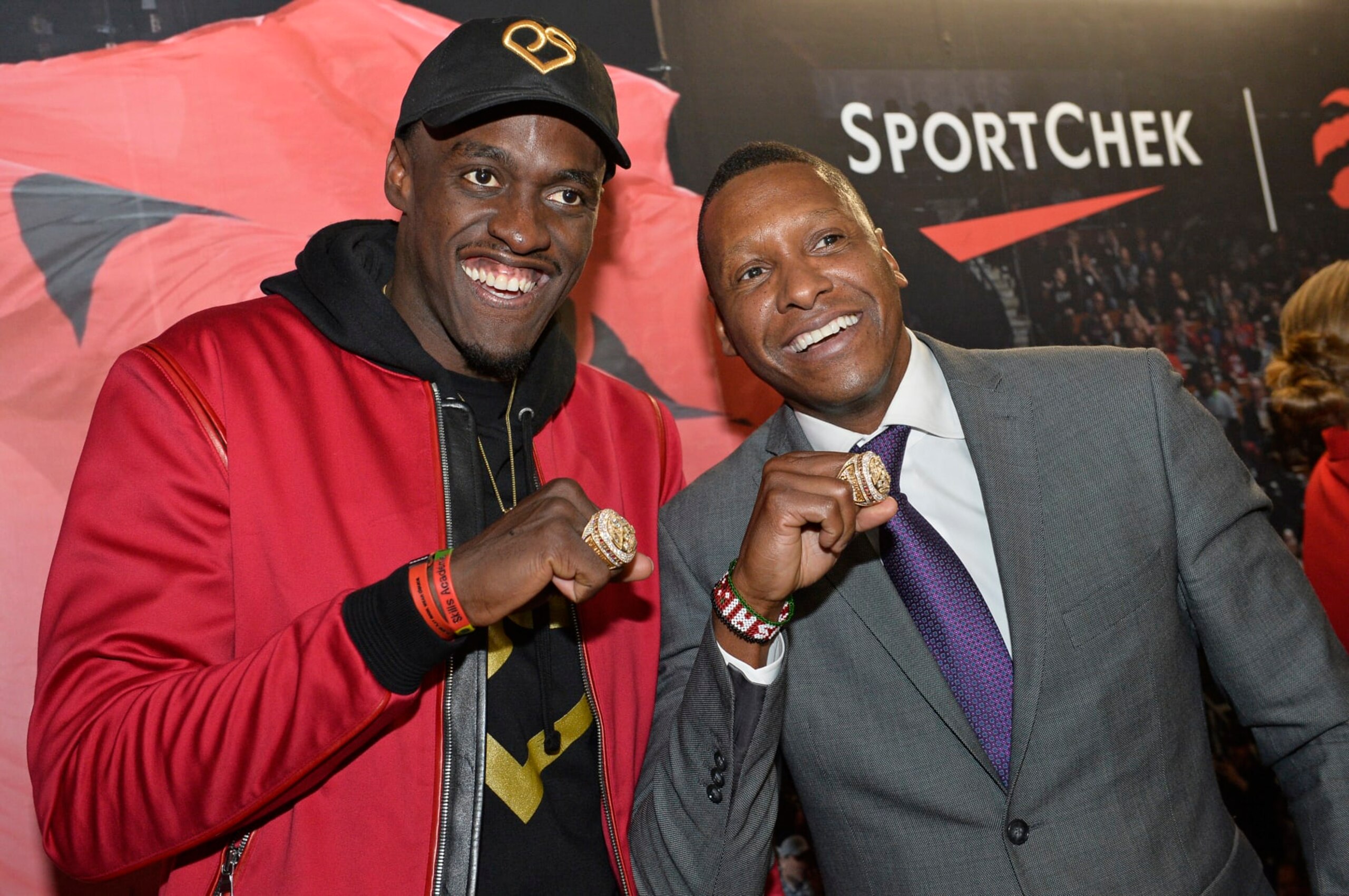 TORONTO, CANADA - OCTOBER 22: President Masai Ujiri, and Pascal Siakam #43 of the Toronto Raptors pose for a photo with their Championship Ring after the game against the New Orleans Pelicans on October 22, 2019 at the Scotiabank Arena in Toronto, Ontario, Canada. NOTE TO USER: User expressly acknowledges and agrees that, by downloading and or using this Photograph, user is consenting to the terms and conditions of the Getty Images License Agreement.  Mandatory Copyright Notice: Copyright 2019 NBAE (Photo by David Dow/NBAE via Getty Images)