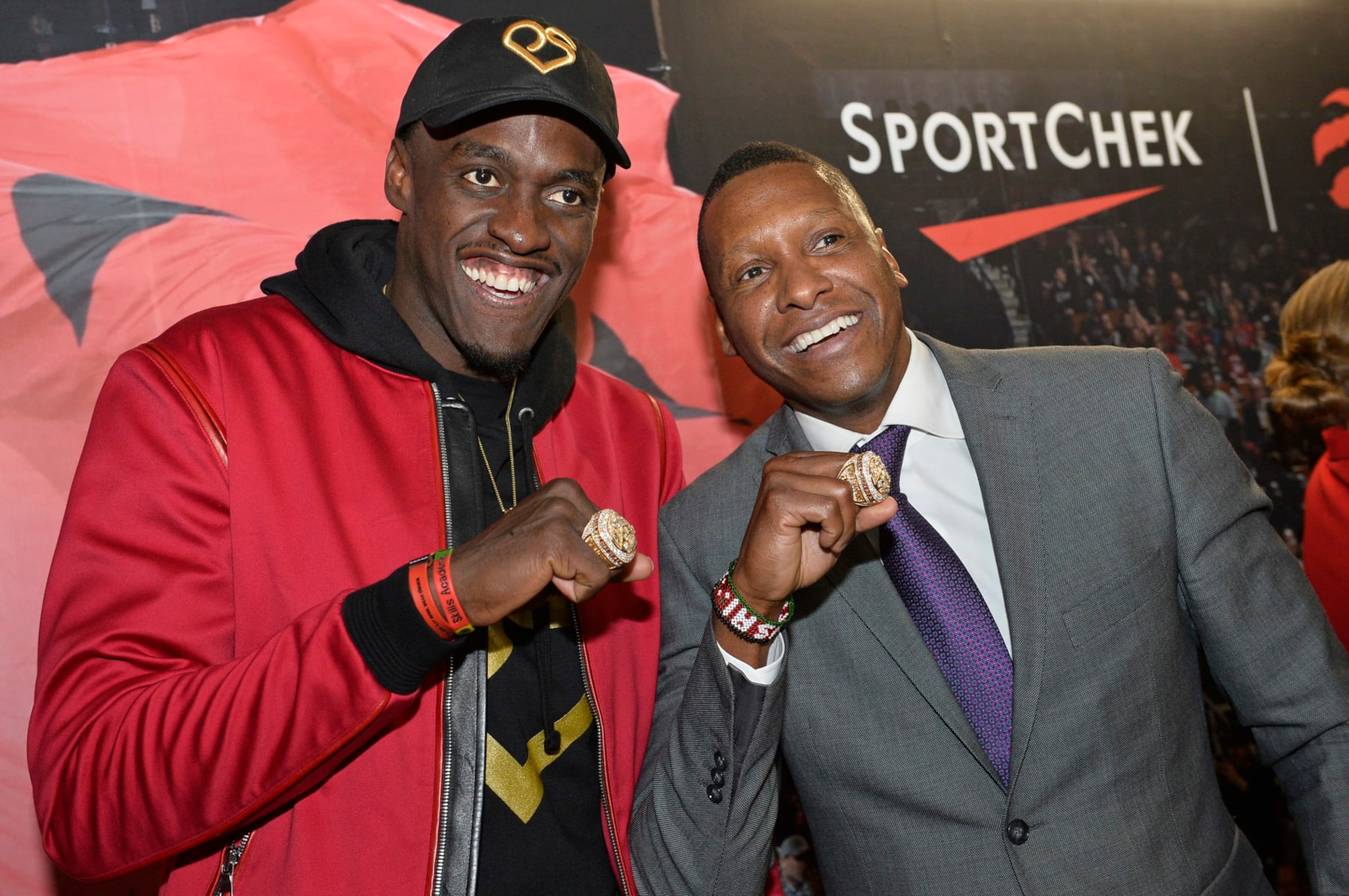 TORONTO, CANADA - OCTOBER 22: President Masai Ujiri, and Pascal Siakam #43 of the Toronto Raptors pose for a photo with their Championship Ring after the game against the New Orleans Pelicans on October 22, 2019 at the Scotiabank Arena in Toronto, Ontario, Canada. NOTE TO USER: User expressly acknowledges and agrees that, by downloading and or using this Photograph, user is consenting to the terms and conditions of the Getty Images License Agreement.  Mandatory Copyright Notice: Copyright 2019 NBAE (Photo by David Dow/NBAE via Getty Images)