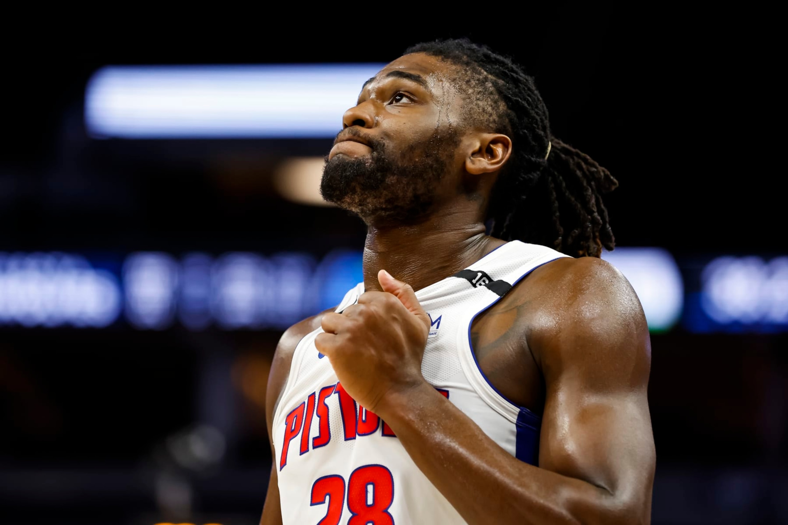MINNEAPOLIS, MN - DECEMBER 31: Isaiah Stewart #28 of the Detroit Pistons looks on against the Minnesota Timberwolves in the fourth quarter of the game at Target Center on December 31, 2022 in Minneapolis, Minnesota. The Pistons defeated the Timberwolves 116-104. NOTE TO USER: User expressly acknowledges and agrees that, by downloading and or using this Photograph, user is consenting to the terms and conditions of the Getty Images License Agreement. (Photo by David Berding/Getty Images)
