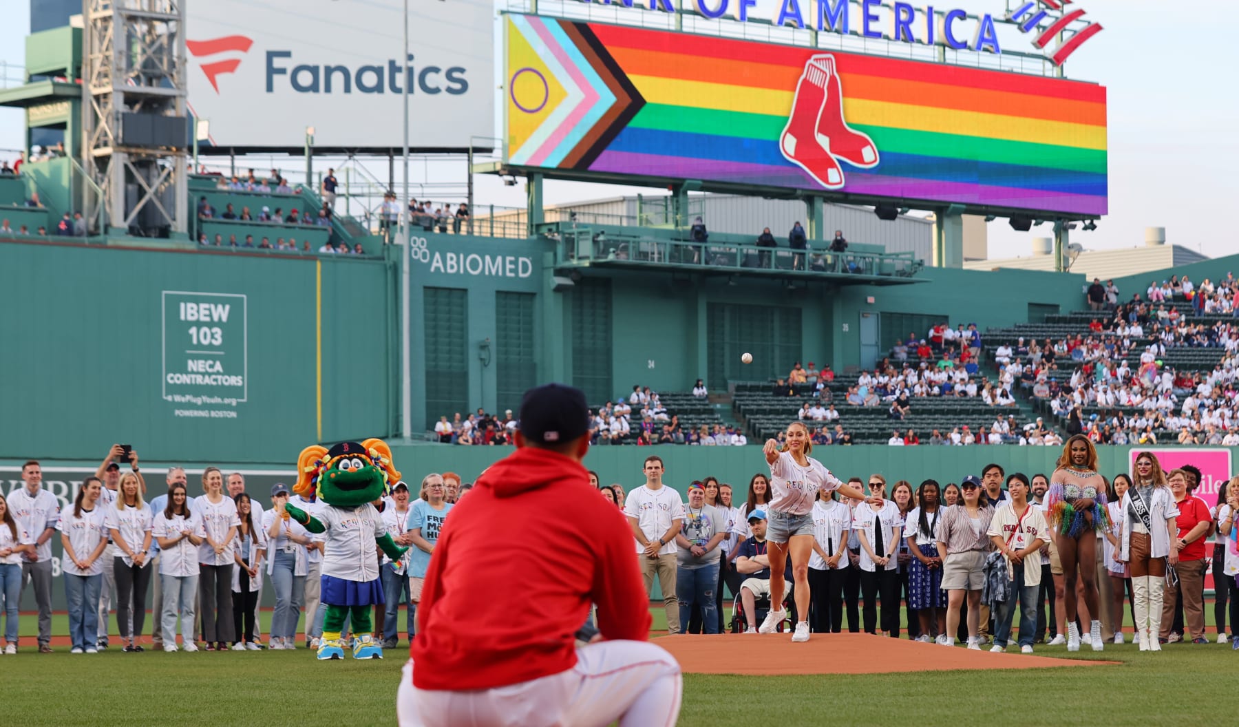 Boston, MA - June 13: Peloton instructor Jess King throws out the first pitch before the game on Pride Night. The Red Sox lost to the Colorado Rockies, 7-6, in 10 innings. (Photo by Jim Davis/The Boston Globe via Getty Images)