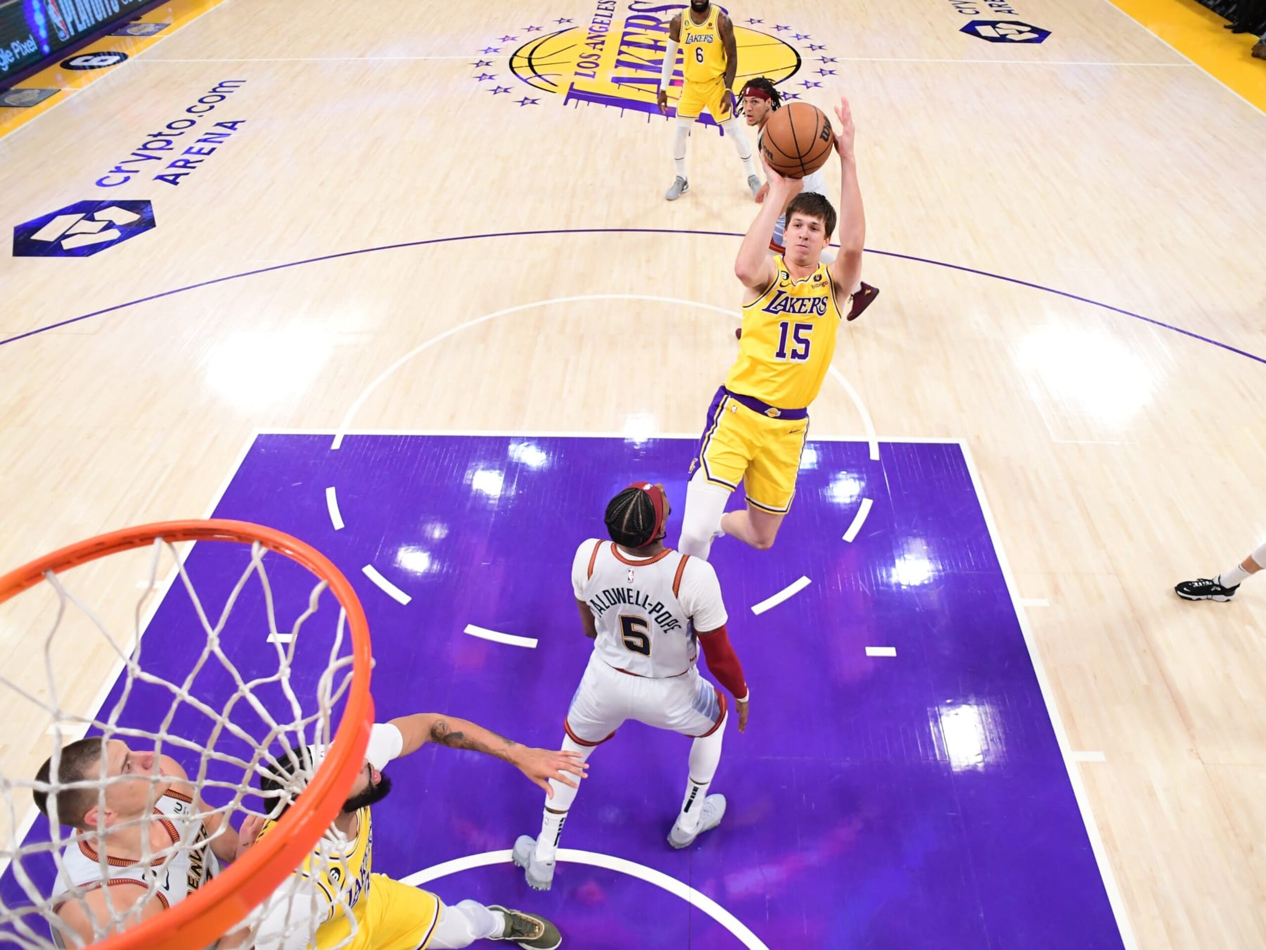 LOS ANGELES, CA - MAY 22: Austin Reaves #15 of the Los Angeles Lakers shoots the ball during Game 4 of the 2023 NBA Playoffs Western Conference Finals on May 22, 2023 at Crypto.Com Arena in Los Angeles, California. NOTE TO USER: User expressly acknowledges and agrees that, by downloading and/or using this Photograph, user is consenting to the terms and conditions of the Getty Images License Agreement. Mandatory Copyright Notice: Copyright 2023 NBAE (Photo by Adam Pantozzi/NBAE via Getty Images)