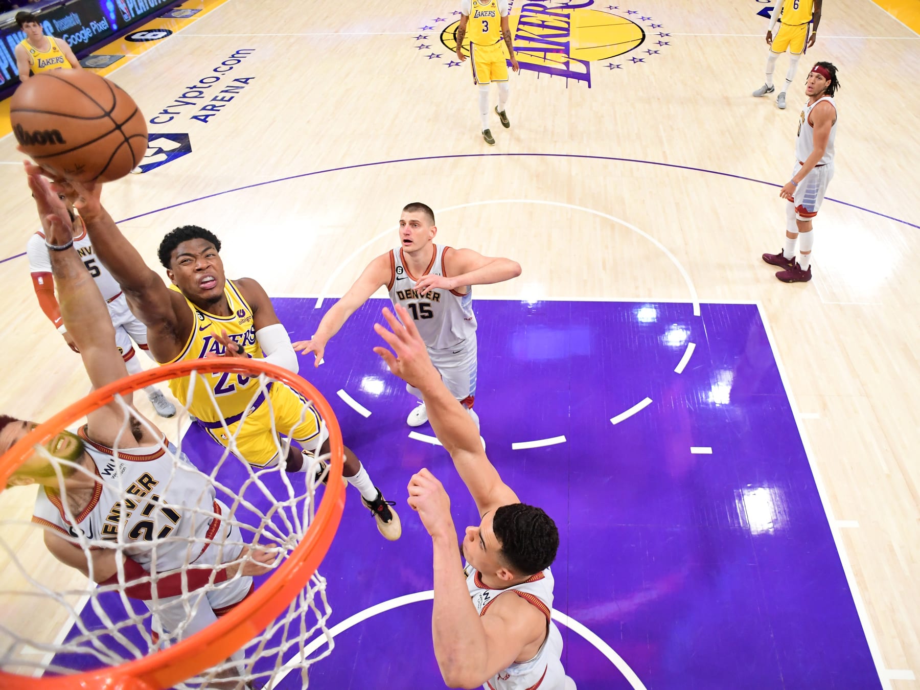 LOS ANGELES, CA - MAY 22: Rui Hachimura #28 of the Los Angeles Lakers drives to the basket during Game 4 of the 2023 NBA Playoffs Western Conference Finals on May 22, 2023 at Crypto.Com Arena in Los Angeles, California. NOTE TO USER: User expressly acknowledges and agrees that, by downloading and/or using this Photograph, user is consenting to the terms and conditions of the Getty Images License Agreement. Mandatory Copyright Notice: Copyright 2023 NBAE (Photo by Adam Pantozzi/NBAE via Getty Images)