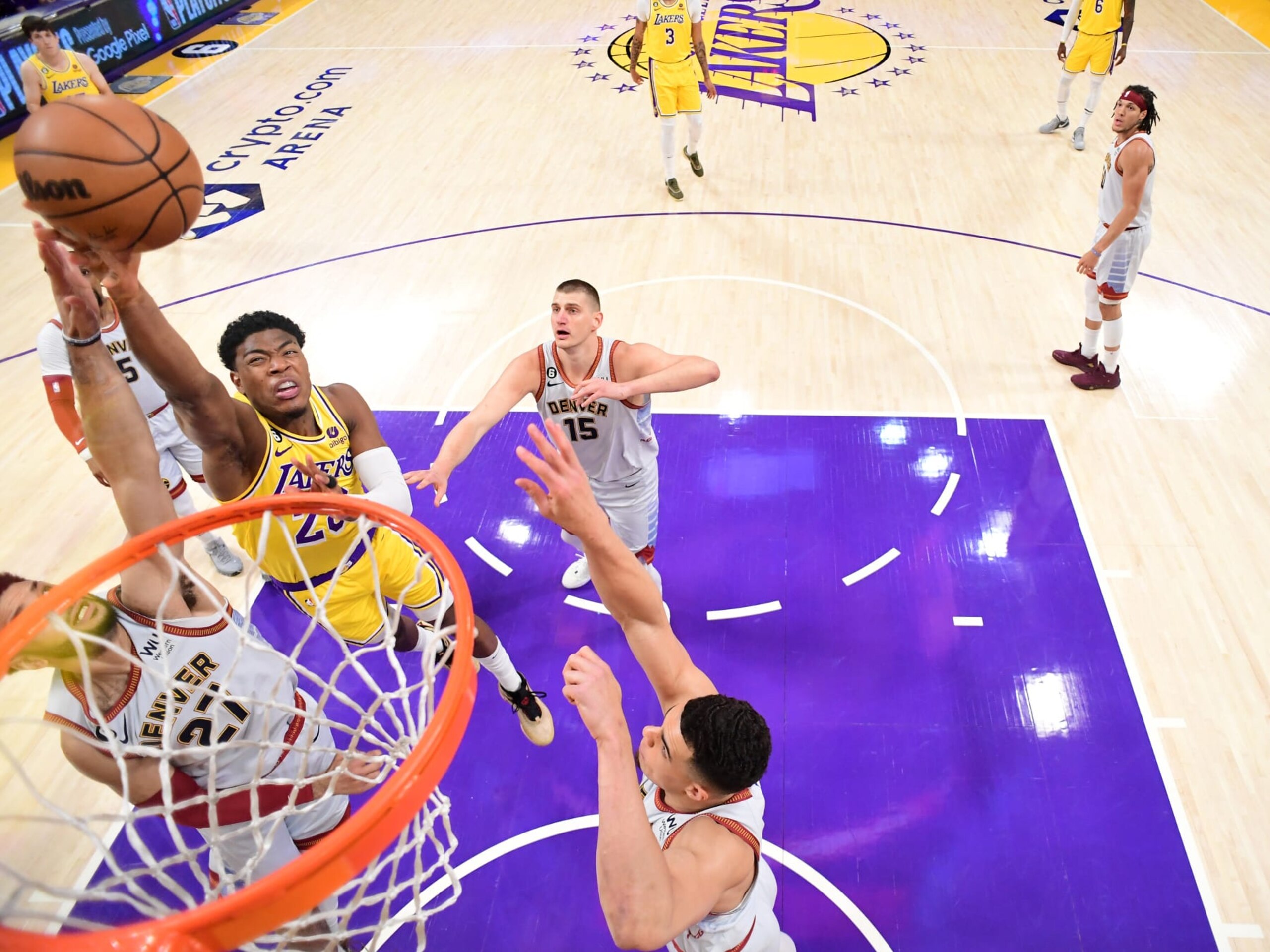 LOS ANGELES, CA - MAY 22: Rui Hachimura #28 of the Los Angeles Lakers drives to the basket during Game 4 of the 2023 NBA Playoffs Western Conference Finals on May 22, 2023 at Crypto.Com Arena in Los Angeles, California. NOTE TO USER: User expressly acknowledges and agrees that, by downloading and/or using this Photograph, user is consenting to the terms and conditions of the Getty Images License Agreement. Mandatory Copyright Notice: Copyright 2023 NBAE (Photo by Adam Pantozzi/NBAE via Getty Images)