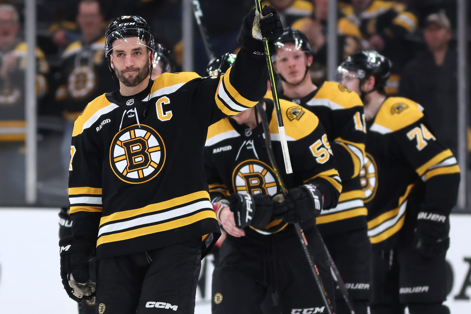 BOSTON, MASSACHUSETTS - APRIL 30: Patrice Bergeron #37 of the Boston Bruins waves to fans before exiting the ice after Florida Panthers defeat the Bruins 4-3 in overtime of Game Seven of the First Round of the 2023 Stanley Cup Playoffs at TD Garden on April 30, 2023 in Boston, Massachusetts. (Photo by Maddie Meyer/Getty Images)