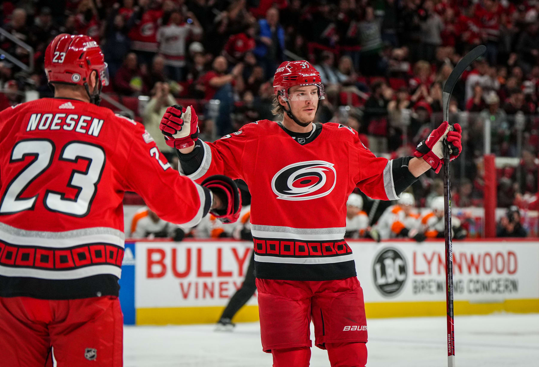 RALEIGH, NORTH CAROLINA - MARCH 09: Andrei Svechnikov #37 of the Carolina Hurricanes celebrates with teammates after a goal during the first period against the Philadelphia Flyers at PNC Arena on March 09, 2023 in Raleigh, North Carolina. (Photo by Josh Lavallee/NHLI via Getty Images)
