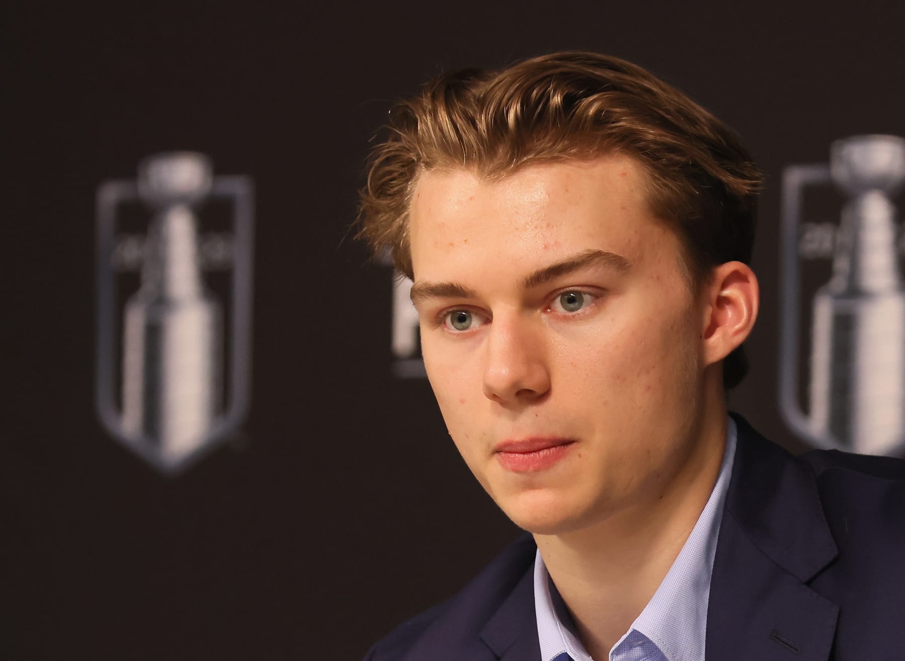 LAS VEGAS, NEVADA - JUNE 05: Top NHL prospect Connor Bedard speaks with the media prior to Game Two of the 2023 NHL Stanley Cup Final at T-Mobile Arena on June 05, 2023 in Las Vegas, Nevada. (Photo by Bruce Bennett/Getty Images)