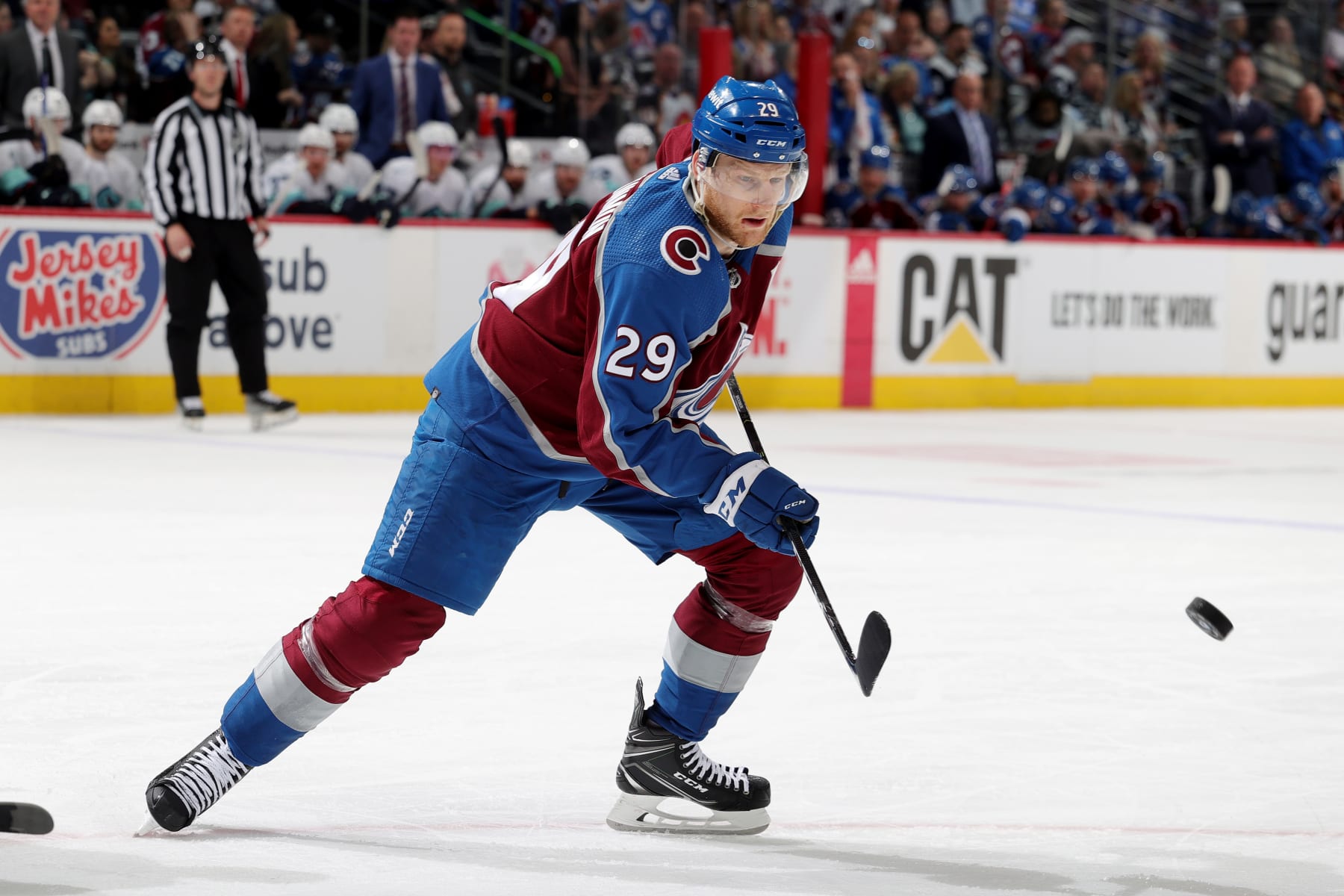 DENVER, COLORADO - APRIL 30: Nathan MacKinnon #29 of the Colorado Avalanche skates against the Seattle Kraken in Game Seven of the First Round of the 2023 Stanley Cup Playoffs at Ball Arena on April 30, 2023 in Denver, Colorado. (Photo by Michael Martin/NHLI via Getty Images)