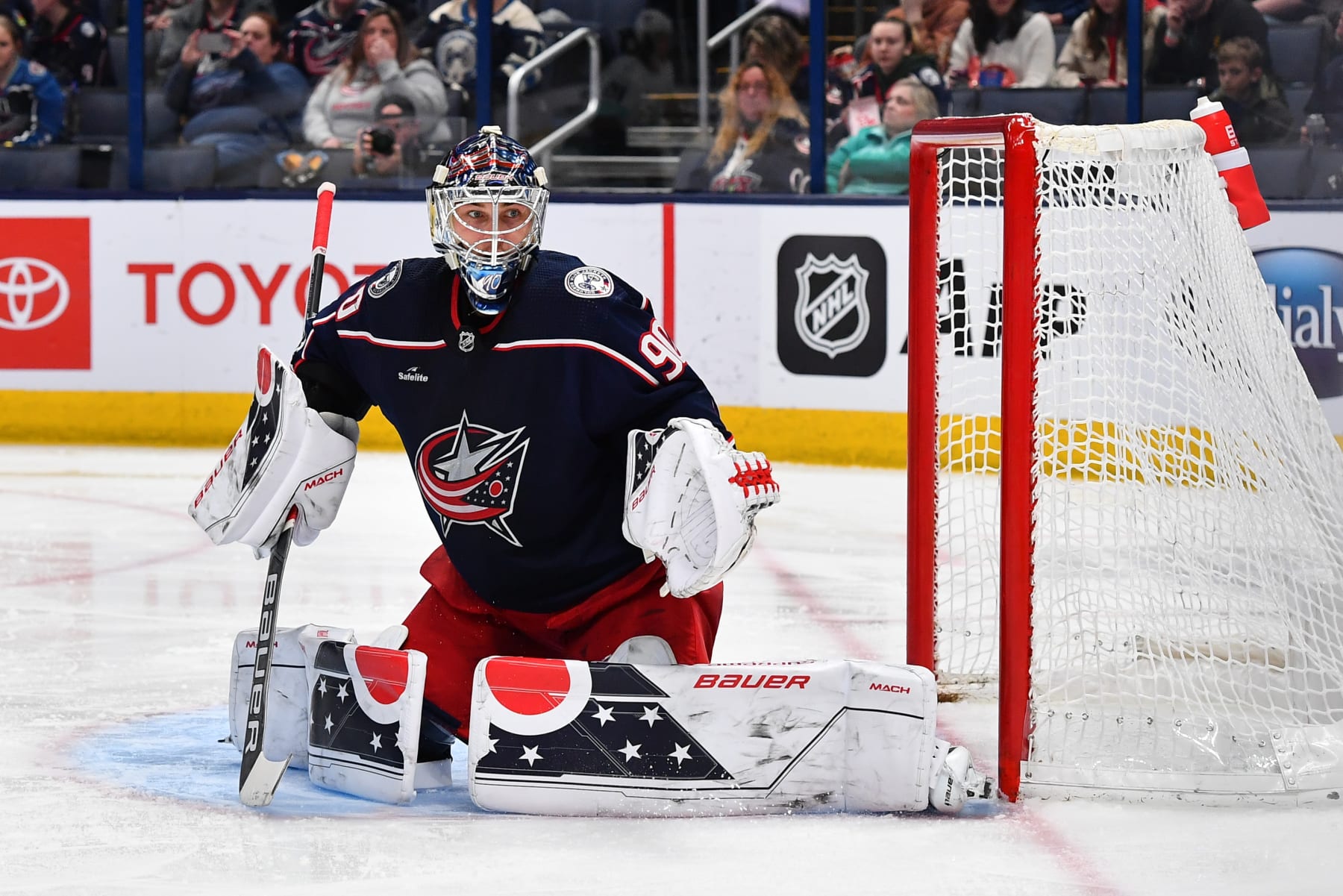 COLUMBUS, OHIO - MARCH 3: Goaltender Elvis Merzlikins #90 of the Columbus Blue Jackets defends the net during the second period of a game against the Seattle Kraken at Nationwide Arena on March 3, 2023 in Columbus, Ohio. (Photo by Ben Jackson/NHLI via Getty Images)