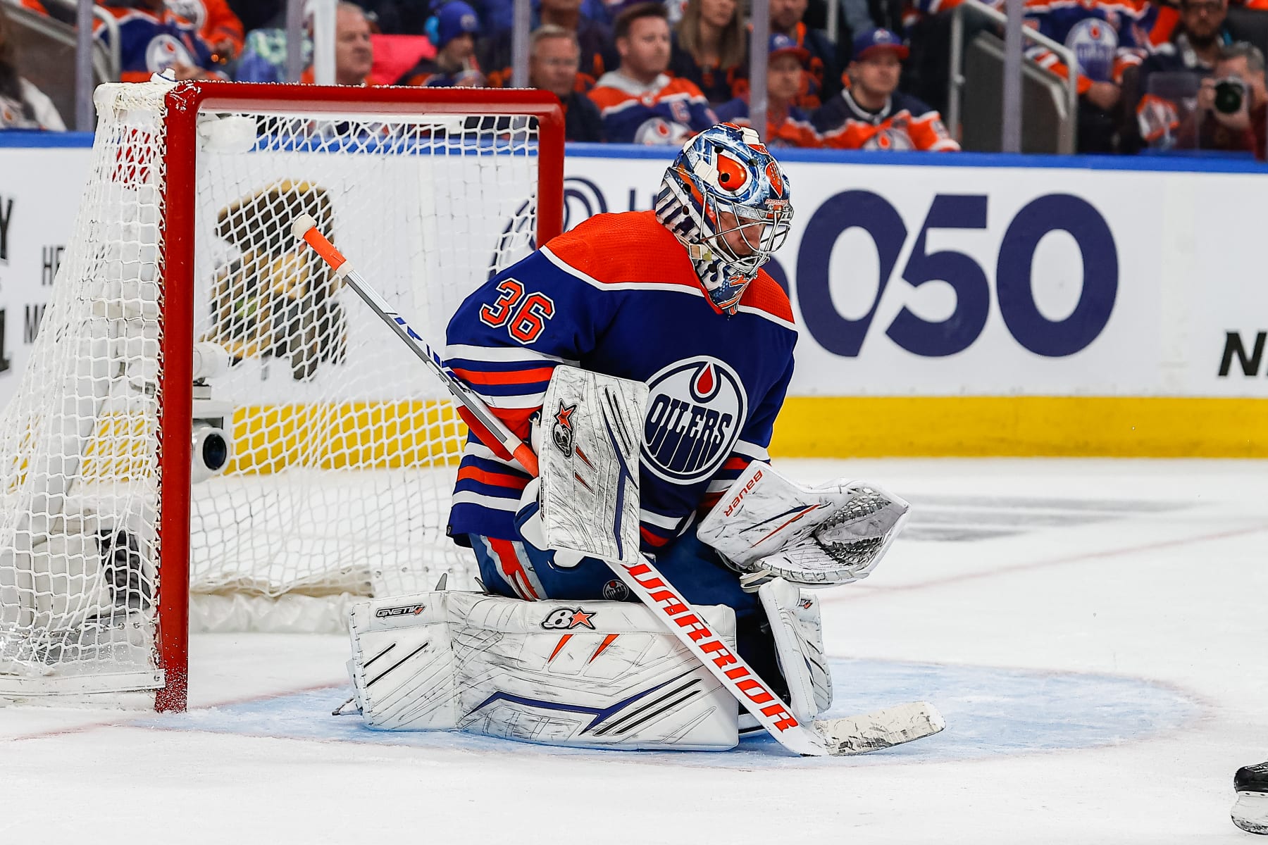 EDMONTON, AB - MAY 08: Edmonton Oilers Goalie Jack Campbell (36) makes a save in the second period of game three in the Western Conference Second Round of the Edmonton Oilers versus the Las Vegas Golden Knights on May 08, 2023 at Rogers Place in Edmonton, AB. (Photo by Curtis Comeau/Icon Sportswire via Getty Images)