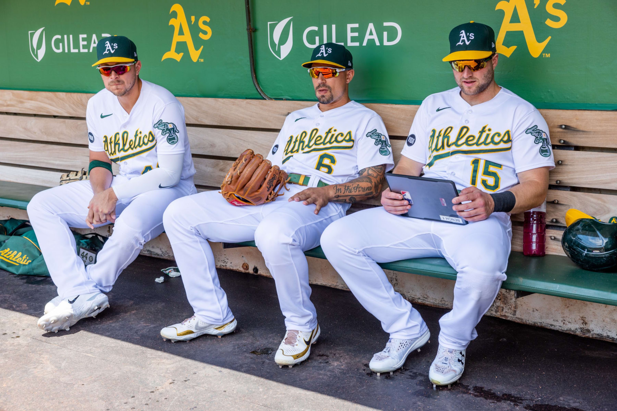 OAKLAND, CA - JUNE 15: Oakland Athletics First base Ryan Noda (49) Oakland Athletics Infield Jace Peterson (6) and Oakland Athletics Designated hitter Seth Brown (15) relax in the dugout before the Major League Baseball game between the Tampa Bay Rays and the Oakland Athletics on June 15, 2023 at RingCentral Coliseum in Oakland, CA. (Photo by Bob Kupbens/Icon Sportswire via Getty Images) OAKLAND, CA - JUNE 15: Oakland Athletics First base Ryan Noda (49) Oakland Athletics Infield Jace Peterson (6) and Oakland Athletics Designated hitter Seth Brown (15) relax in the dugout before the Major League Baseball game between the Tampa Bay Rays and the Oakland Athletics on June 15, 2023 at RingCentral Coliseum in Oakland, CA. (Photo by Bob Kupbens/Icon Sportswire via Getty Images)