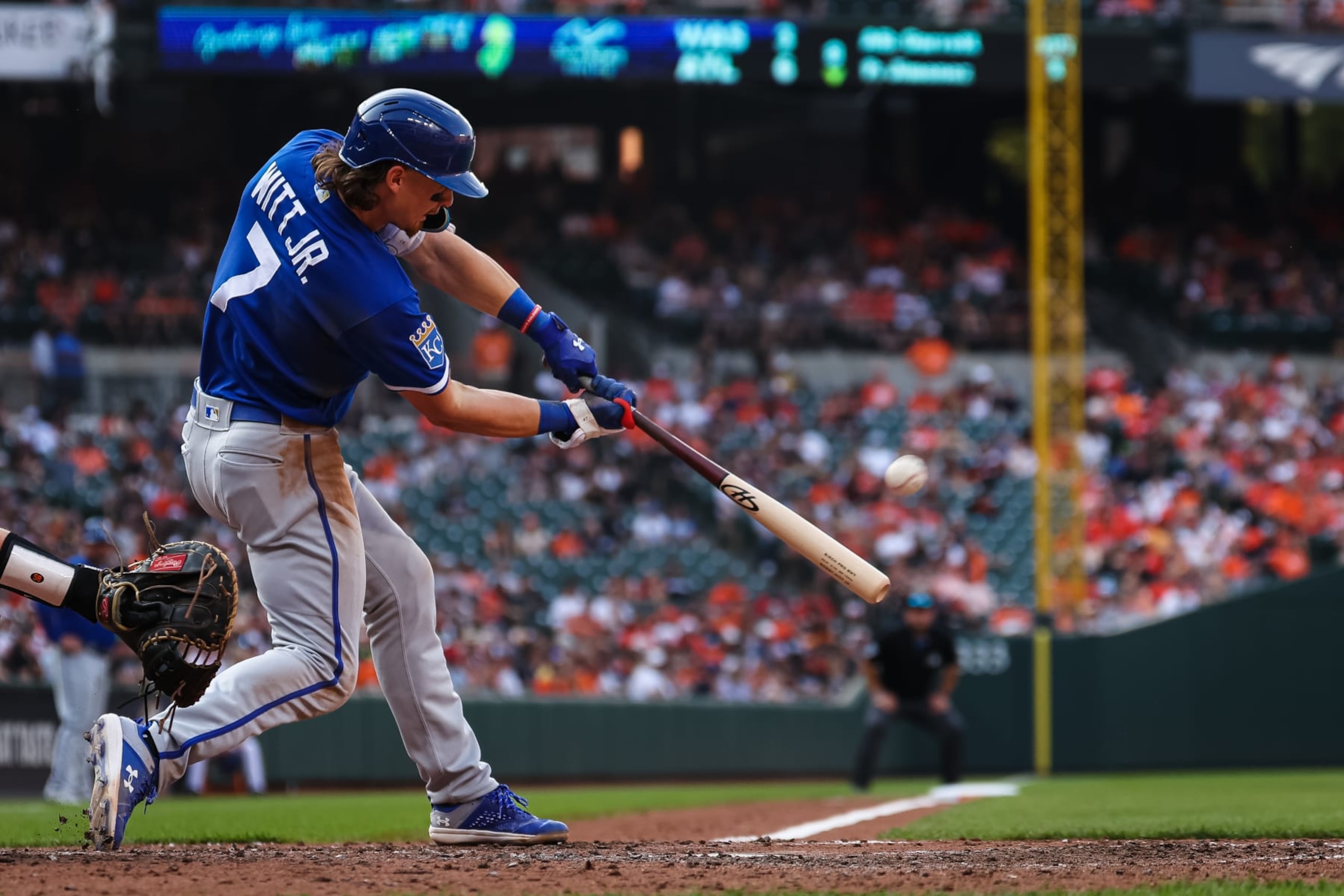 BALTIMORE, MD - JUNE 10: Bobby Witt Jr. #7 of the Kansas City Royals at bat against the Baltimore Orioles during the eighth inning at Oriole Park at Camden Yards on June 10, 2023 in Baltimore, Maryland. (Photo by Scott Taetsch/Getty Images) BALTIMORE, MD - JUNE 10: Bobby Witt Jr. #7 of the Kansas City Royals at bat against the Baltimore Orioles during the eighth inning at Oriole Park at Camden Yards on June 10, 2023 in Baltimore, Maryland. (Photo by Scott Taetsch/Getty Images)