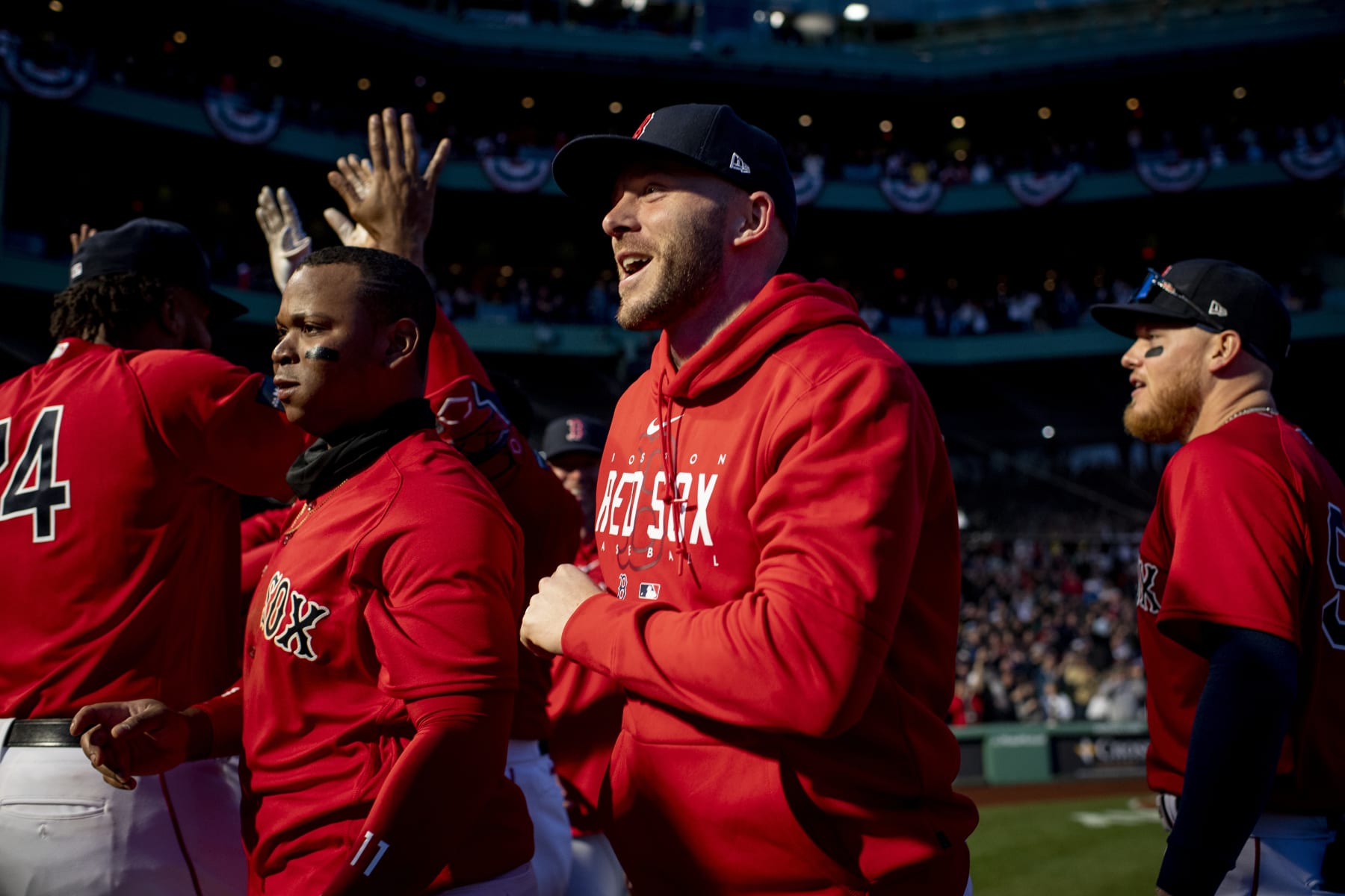 BOSTON, MA - APRIL 1: Trevor Story #10 of the Boston Red Sox reacts after Adam Duvall #18 of the Boston Red Sox hit a walk-off two-run home run during the ninth inning of a  game against the Baltimore Orioles on April 1, 2023 at Fenway Park in Boston, Massachusetts. (Photo by Maddie Malhotra/Boston Red Sox/Getty Images)