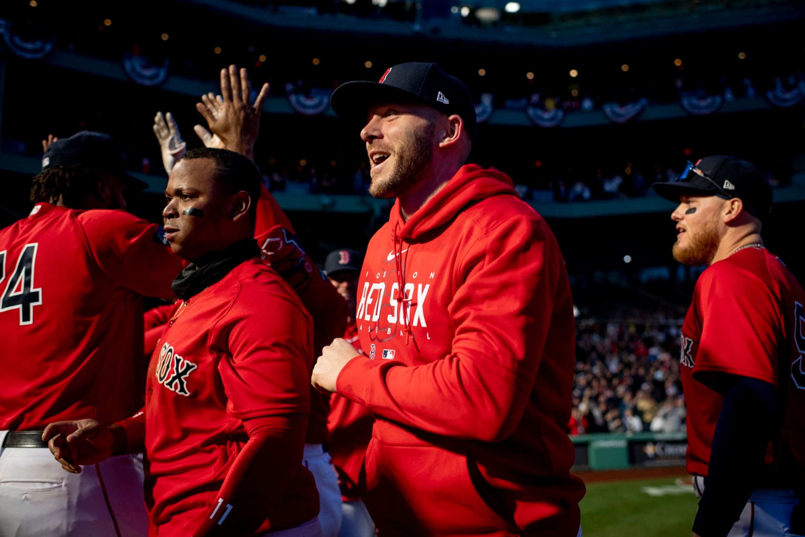 BOSTON, MA - APRIL 1: Trevor Story #10 of the Boston Red Sox reacts after Adam Duvall #18 of the Boston Red Sox hit a walk-off two-run home run during the ninth inning of a game against the Baltimore Orioles on April 1, 2023 at Fenway Park in Boston, Massachusetts. (Photo by Maddie Malhotra/Boston Red Sox/Getty Images) BOSTON, MA - APRIL 1: Trevor Story #10 of the Boston Red Sox reacts after Adam Duvall #18 of the Boston Red Sox hit a walk-off two-run home run during the ninth inning of a game against the Baltimore Orioles on April 1, 2023 at Fenway Park in Boston, Massachusetts. (Photo by Maddie Malhotra/Boston Red Sox/Getty Images)
