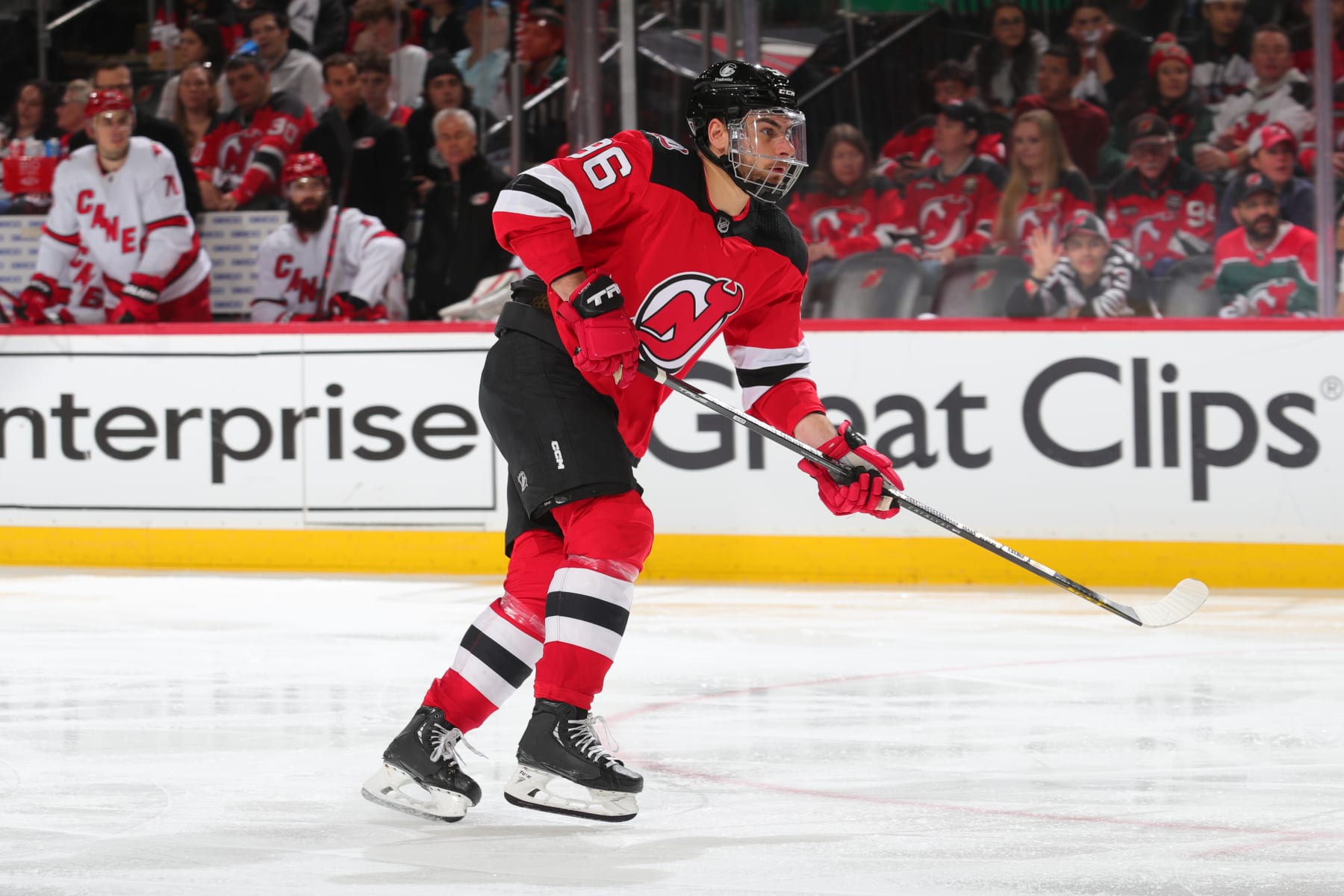 NEWARK, NJ - MAY 09:  Timo Meier #96 of the New Jersey Devils skates in the third period of Game Four of the Second Round of the 2023 Stanley Cup Playoffs against the Carolina Hurricanes at the Prudential Center on May 9, 2023 in Newark, New Jersey.  (Photo by Rich Graessle/NHLI via Getty Images)