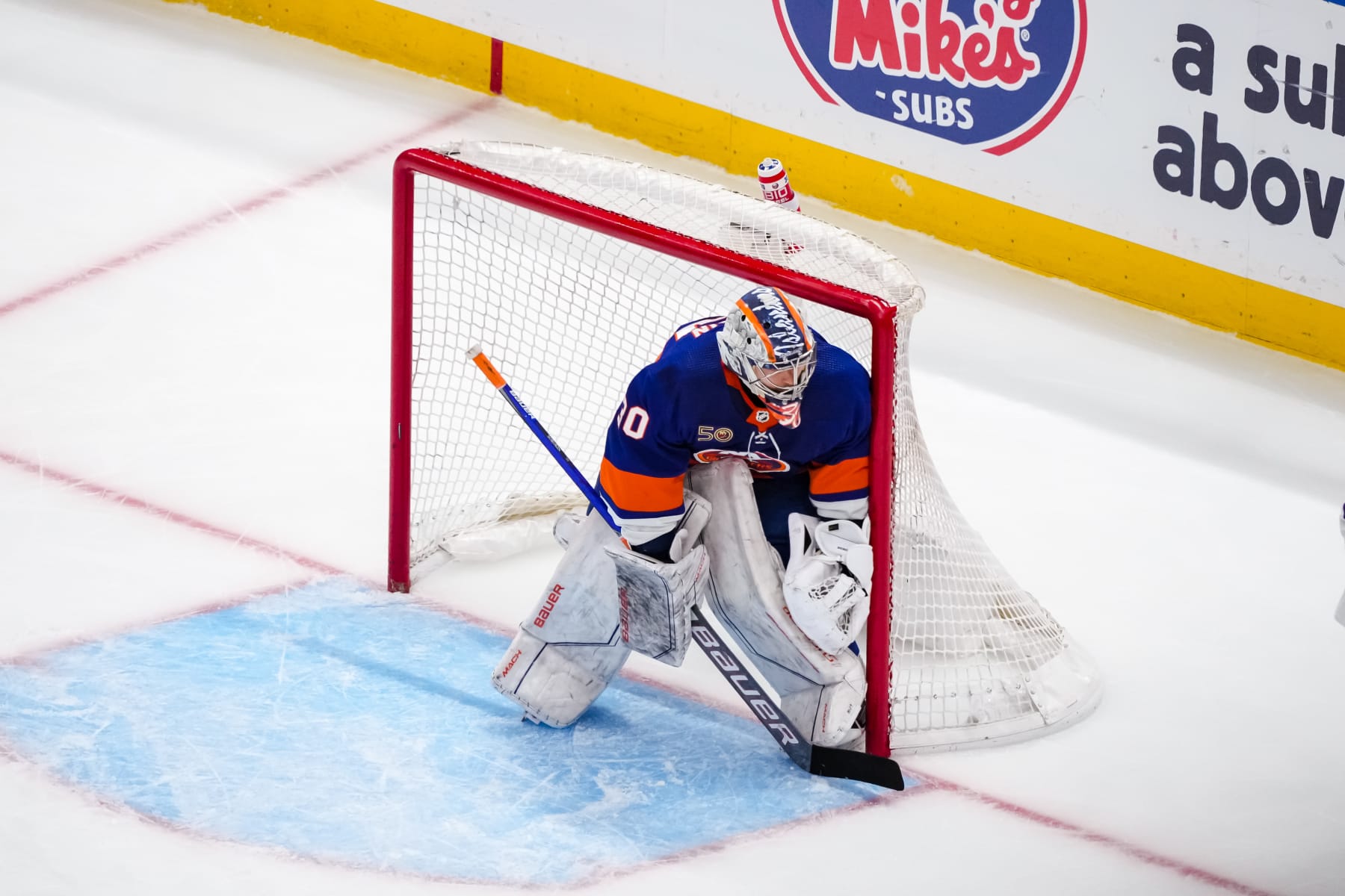ELMONT, NEW YORK - APRIL 28:  Ilya Sorokin #30 of the New York Islanders tends goal in Game Six of the First Round of the 2023 Stanley Cup Playoffs against the Carolina Hurricanes at UBS Arena on April 28, 2023 in Elmont, United States. (Photo by Dennis DaSilva /NHLI via Getty Images)
